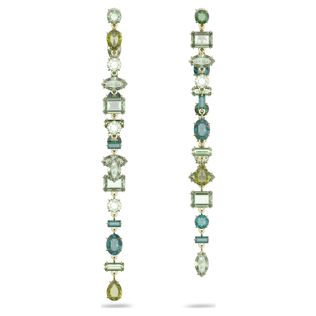 

Swarovski Gema drop earrings, Asymmetrical design, Mixed cuts, Extra long, Green, Gold-tone plated