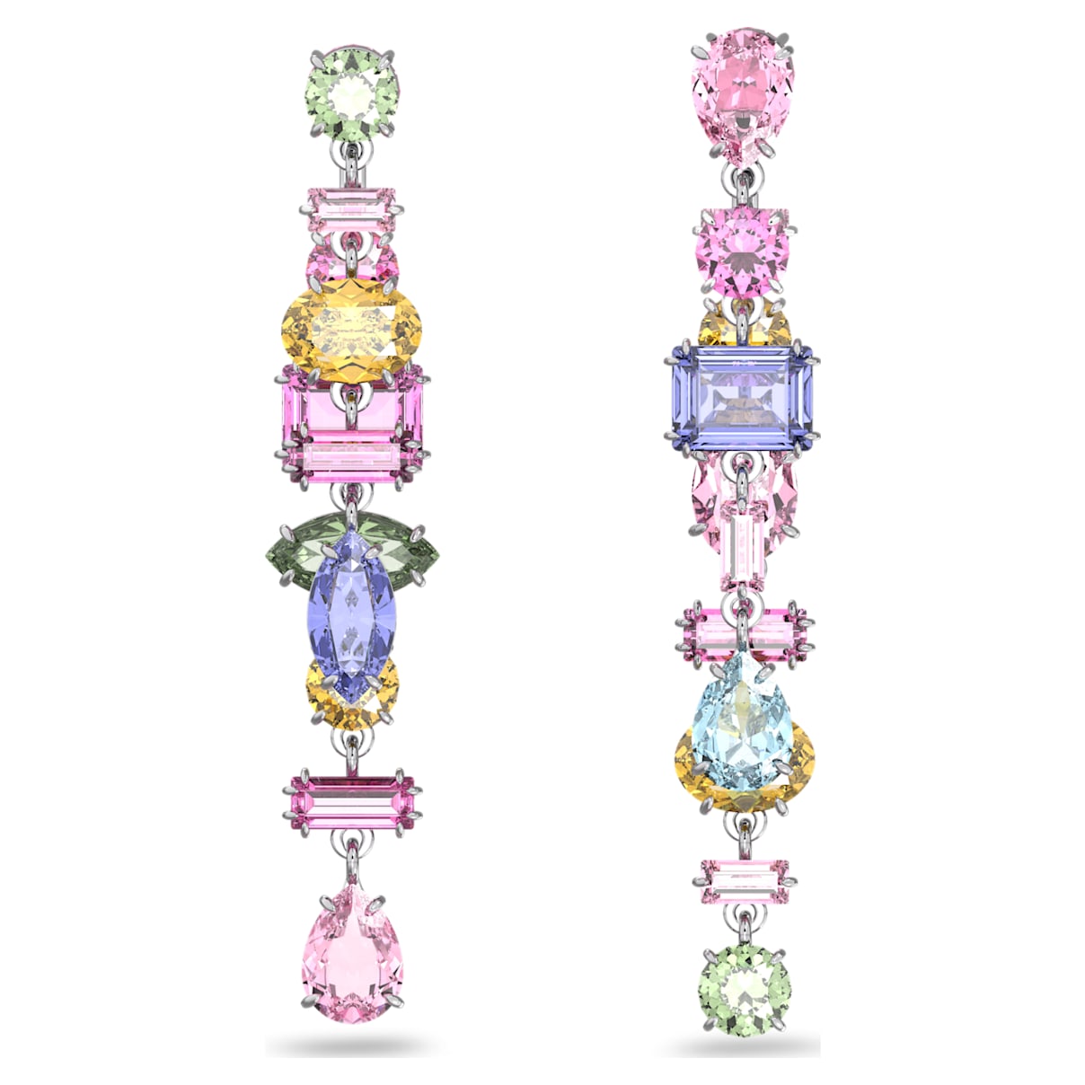 

Swarovski Gema drop earrings, Asymmetrical design, Mixed cuts, Long, Multicoloured, Rhodium plated