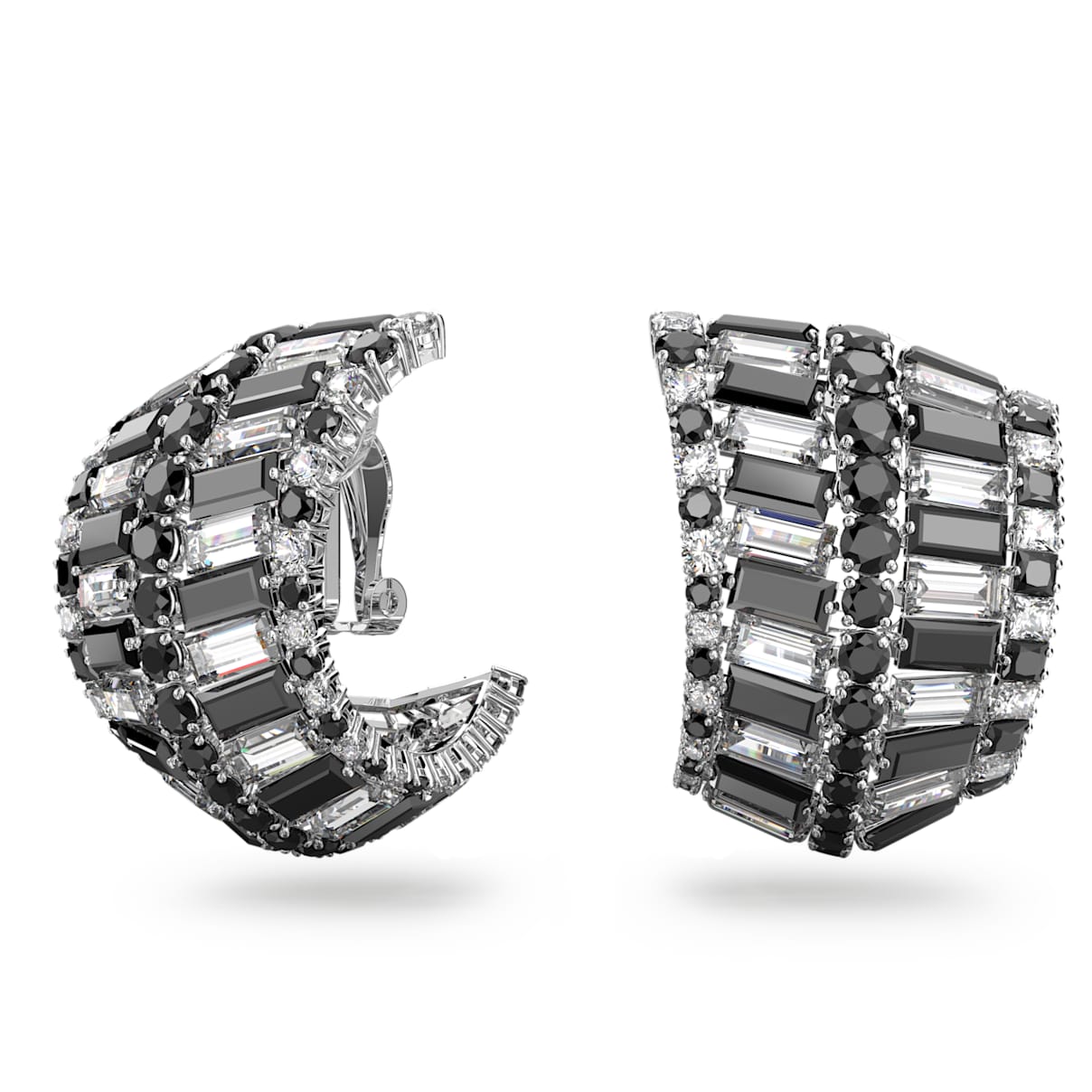 Swarovski Hyperbola clip earrings, Mixed cuts, Black, Rhodium plated
