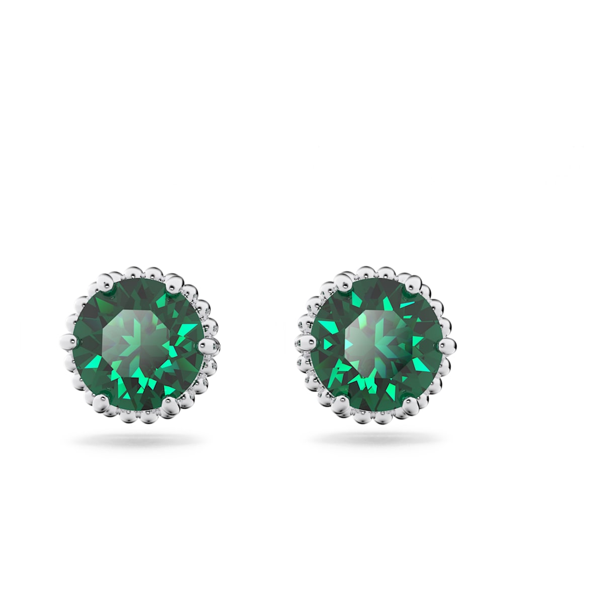 Birthstone stud earrings, Round cut, May, Green, Rhodium plated