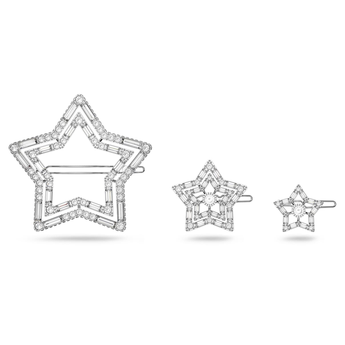 

Hair clip, Set (3), Star, White, Rhodium plated