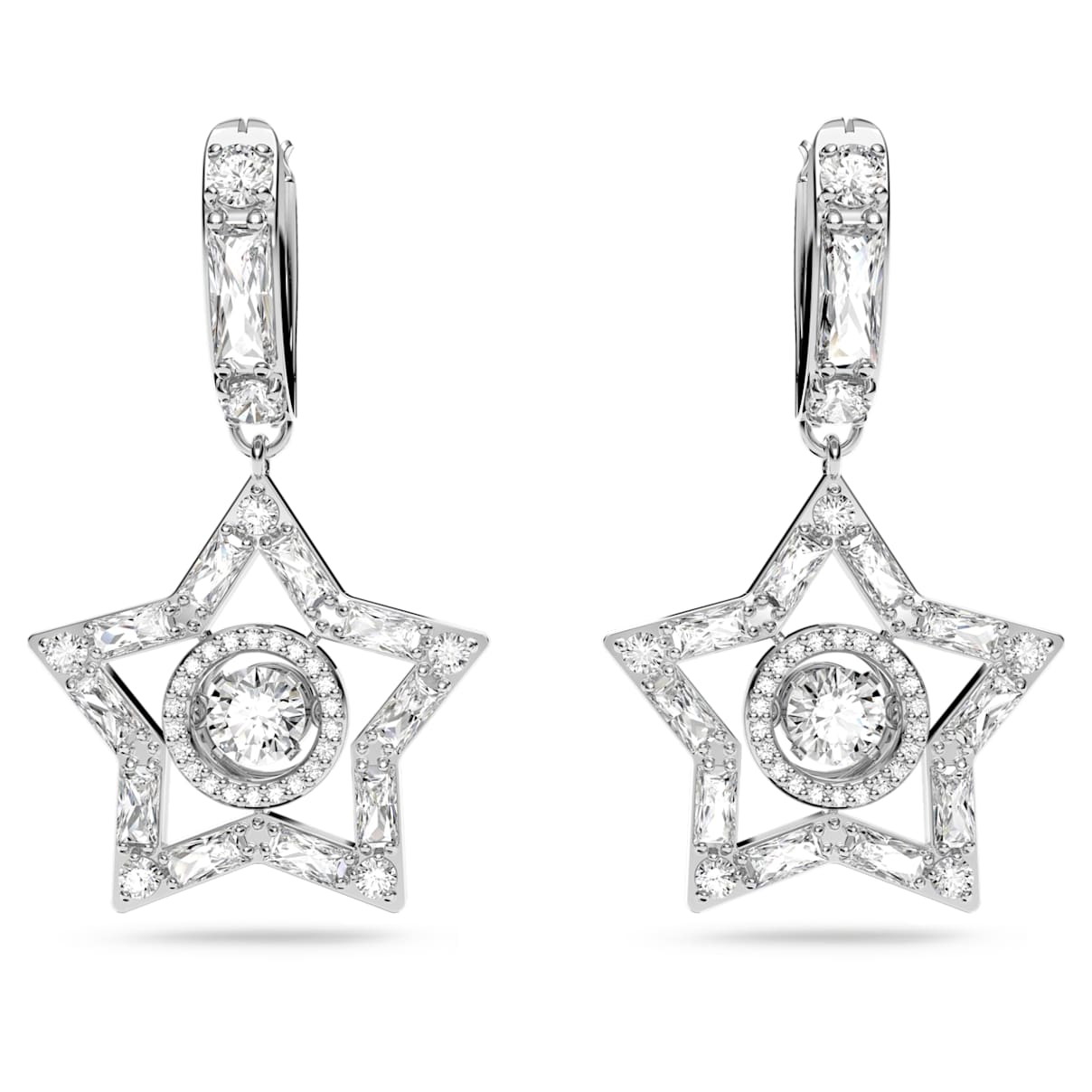Swarovski Stella drop earrings, Mixed cuts, Star, White, Rhodium plated