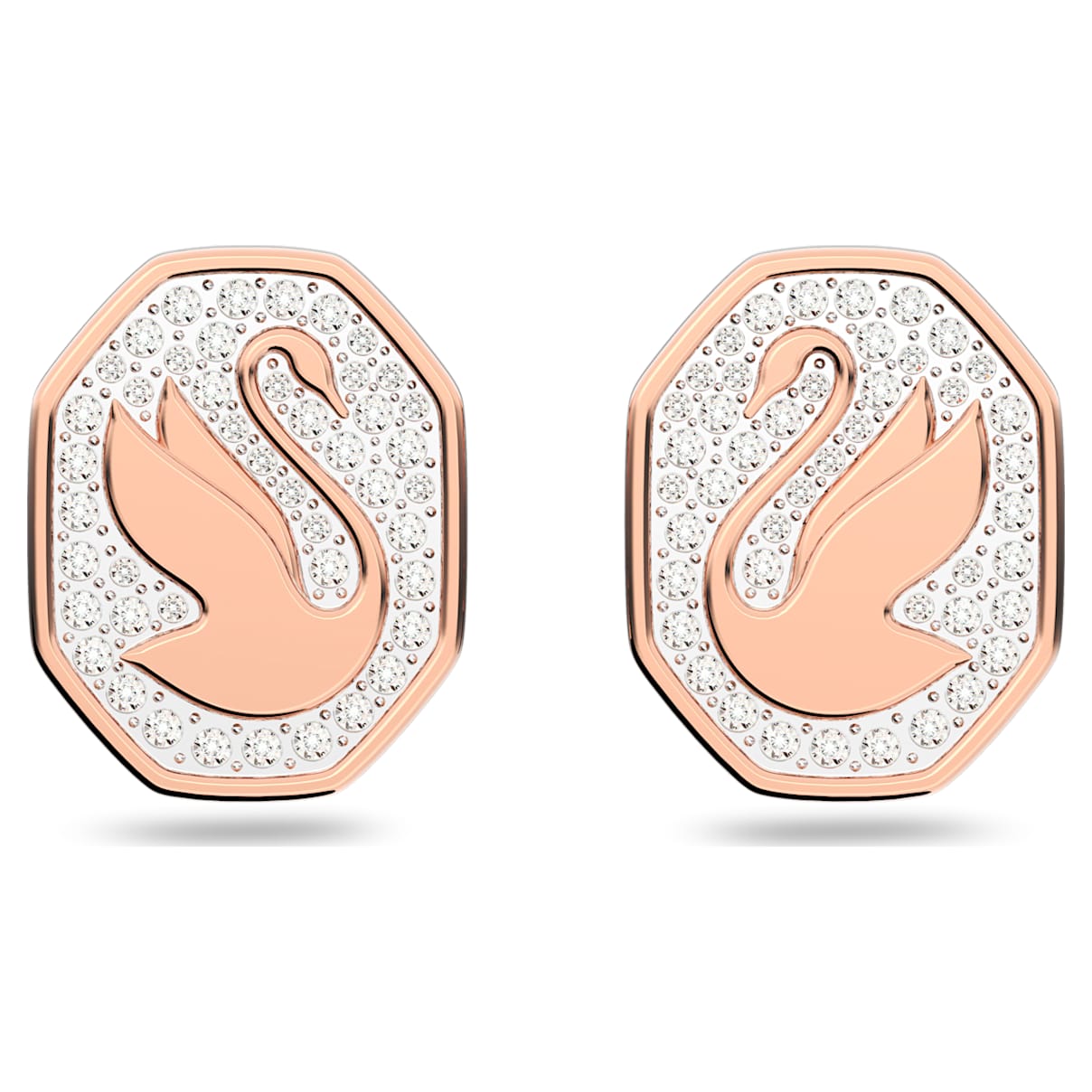 

Orecchini a lobo Swan, Forma ottagonale, Cigno, Bianchi, Placcato color oro rosa