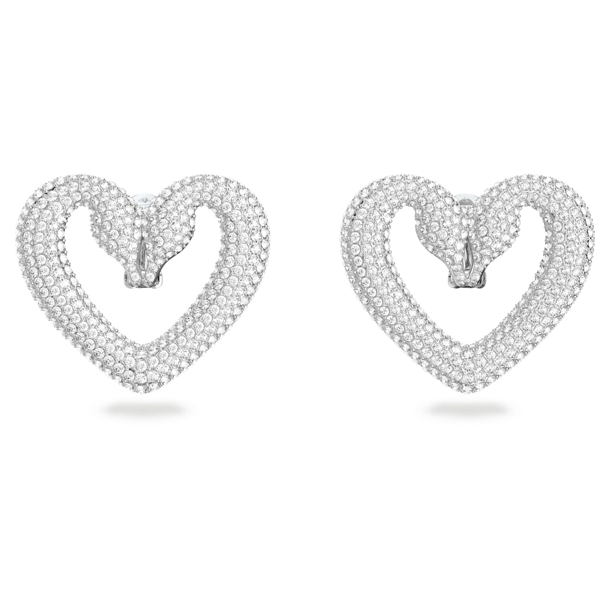 Sublima clip earrings, Heart, Large, White, Rhodium plated