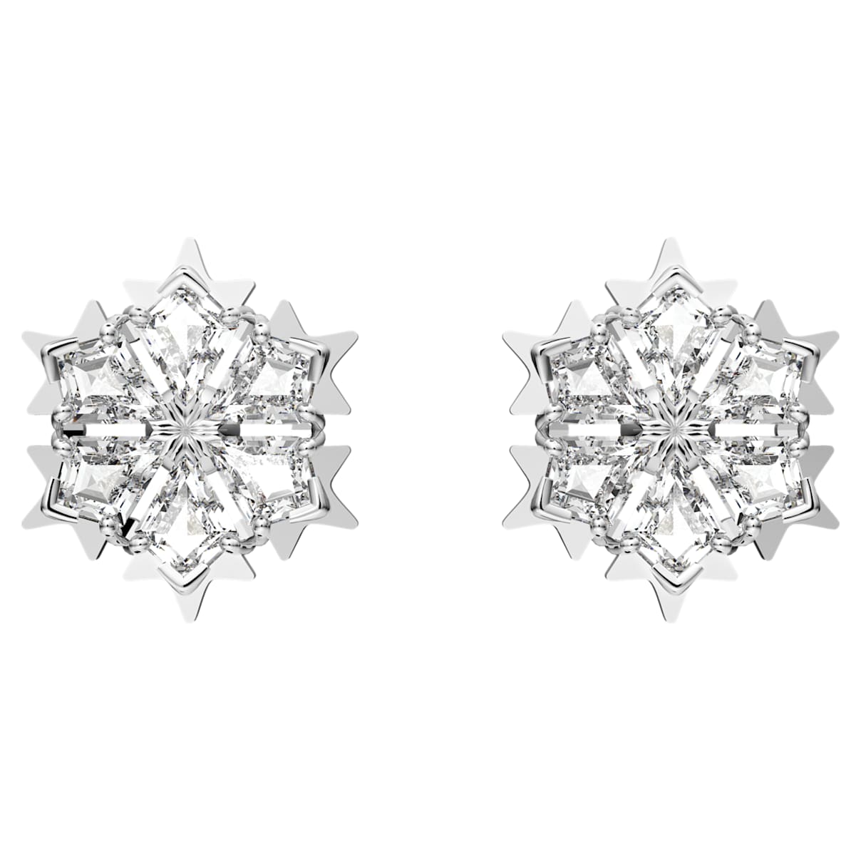 Magic stud earrings, Snowflake, White, Rhodium plated