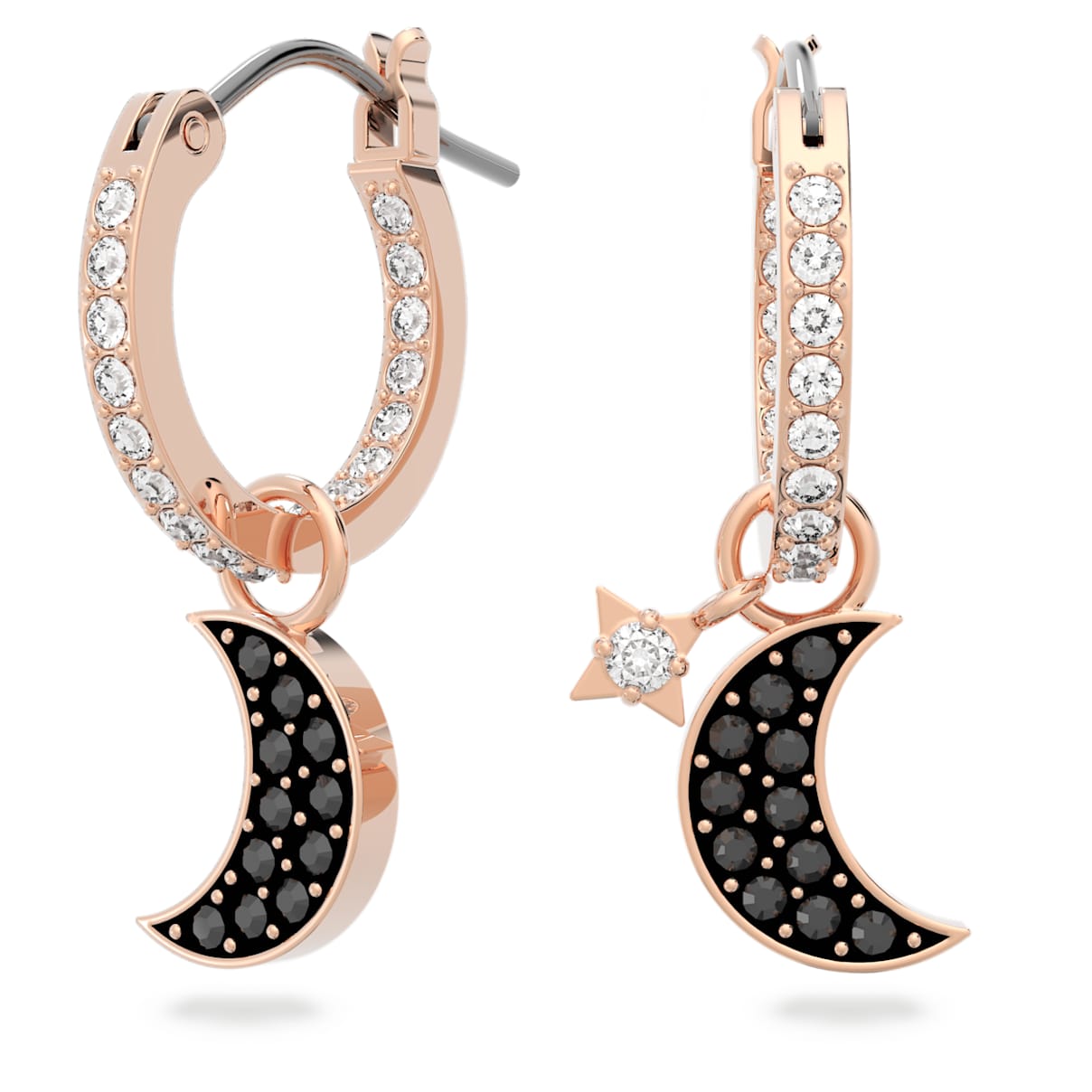 

Swarovski Symbolic drop earrings, Moon and star, Black, Rose gold-tone plated