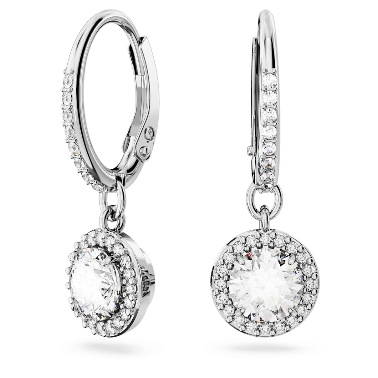 Swarovski Unisex White Constella Drop Earrings, Round Cut, Pavé, Rhodium Plated