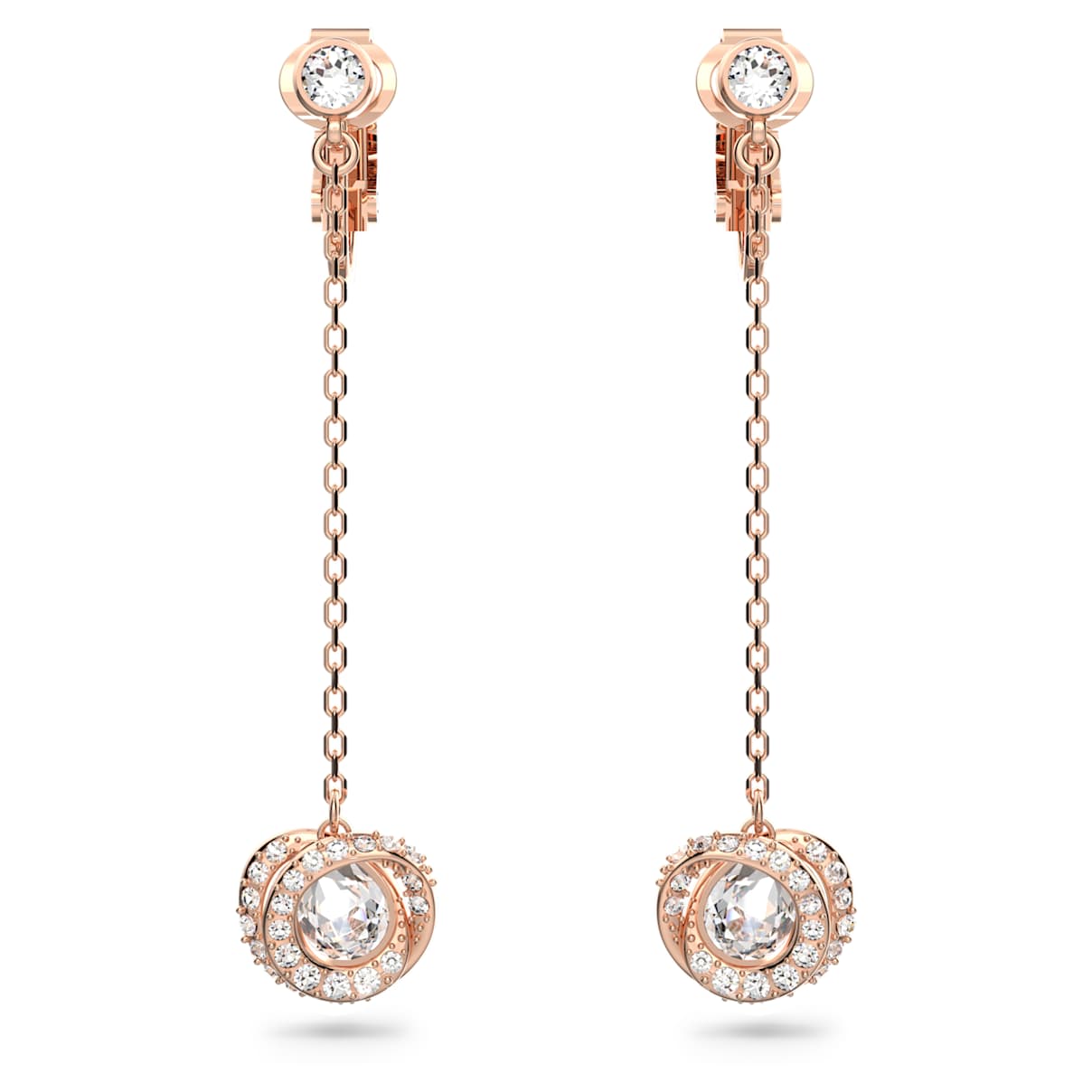 Generation clip earrings, Long, White, Rose gold-tone plated