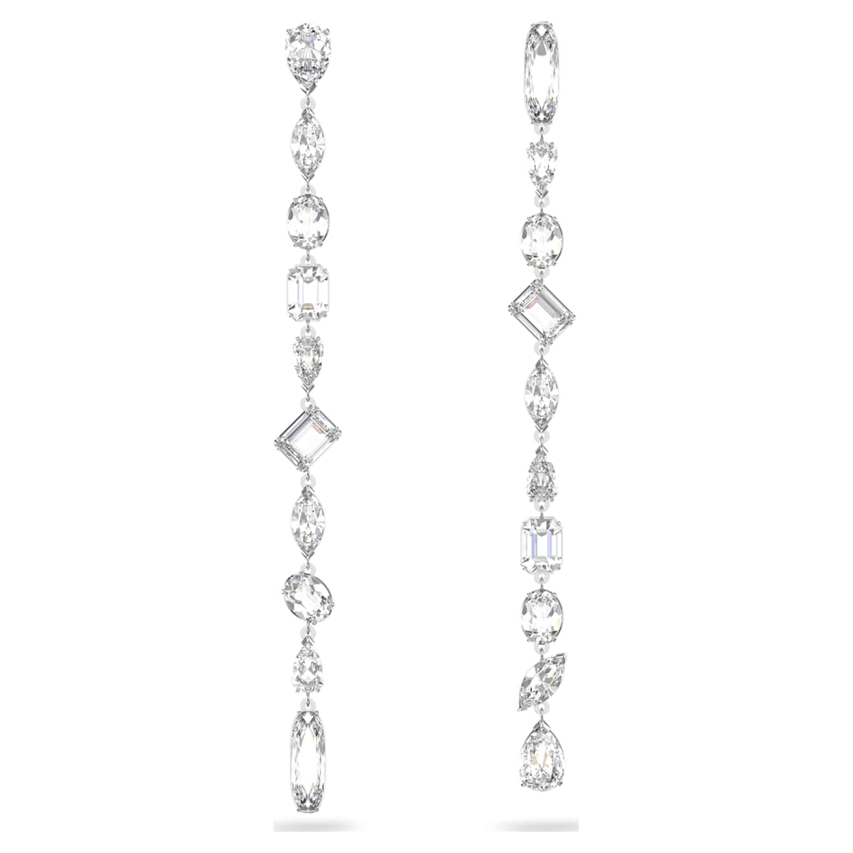 

Gema drop earrings, Asymmetrical design, Mixed cuts, Extra long, White, Rhodium plated