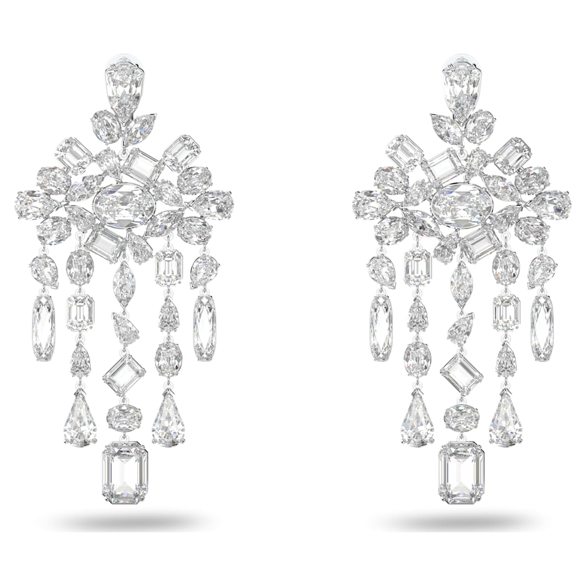 Gema clip earrings, Mixed cuts, Chandelier, Extra long, White, Rhodium plated