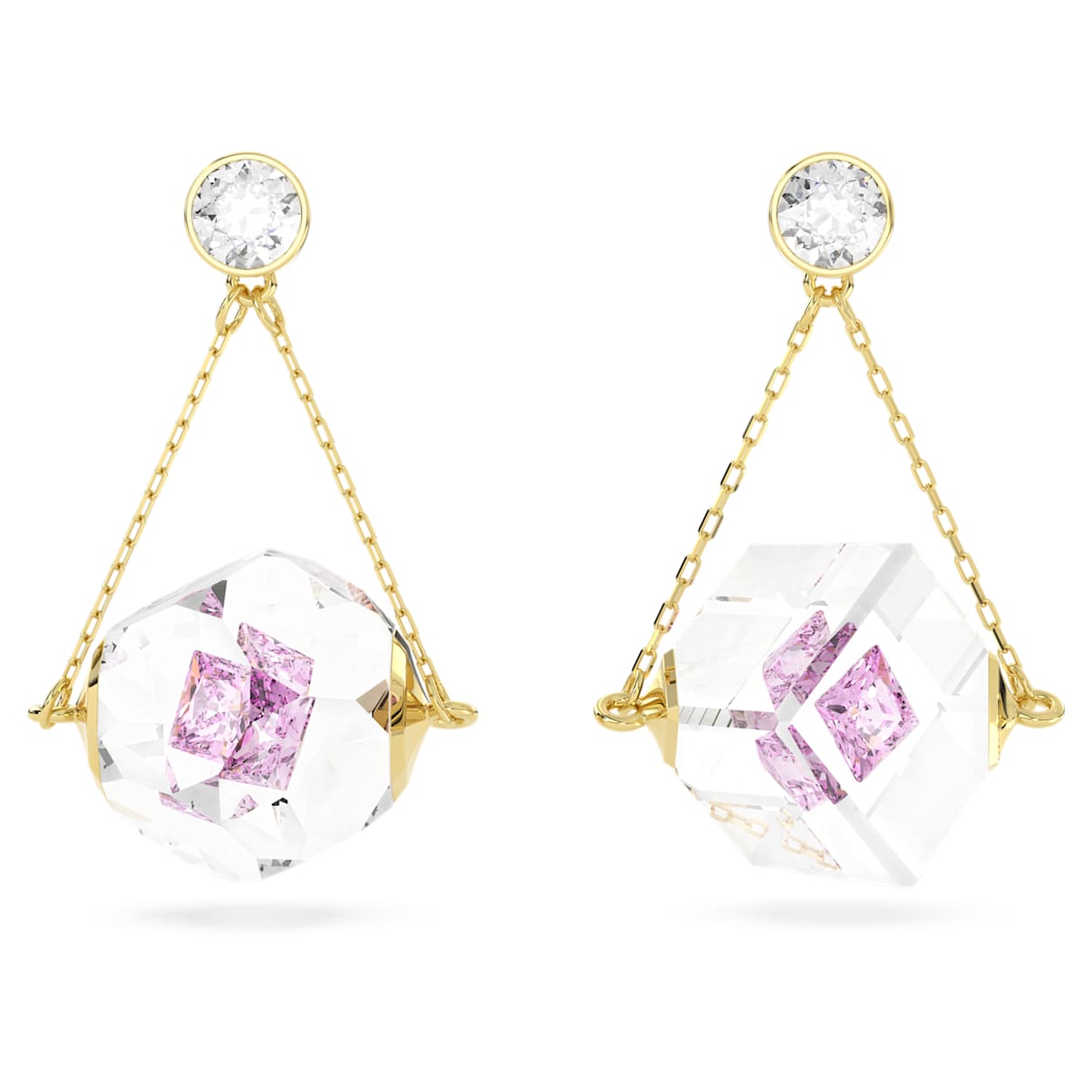 Curiosa drop earrings, Asymmetrical design, Floating chaton, Pink, Gold-tone plated