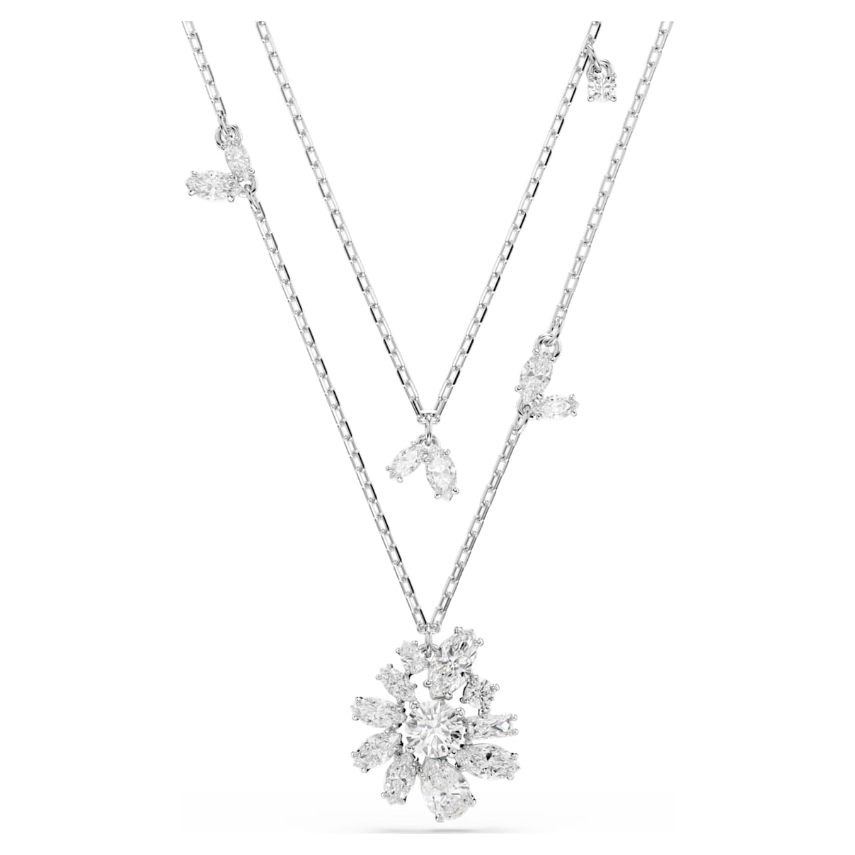 

Gema layered necklace, Mixed cuts, Flower, White, Rhodium plated