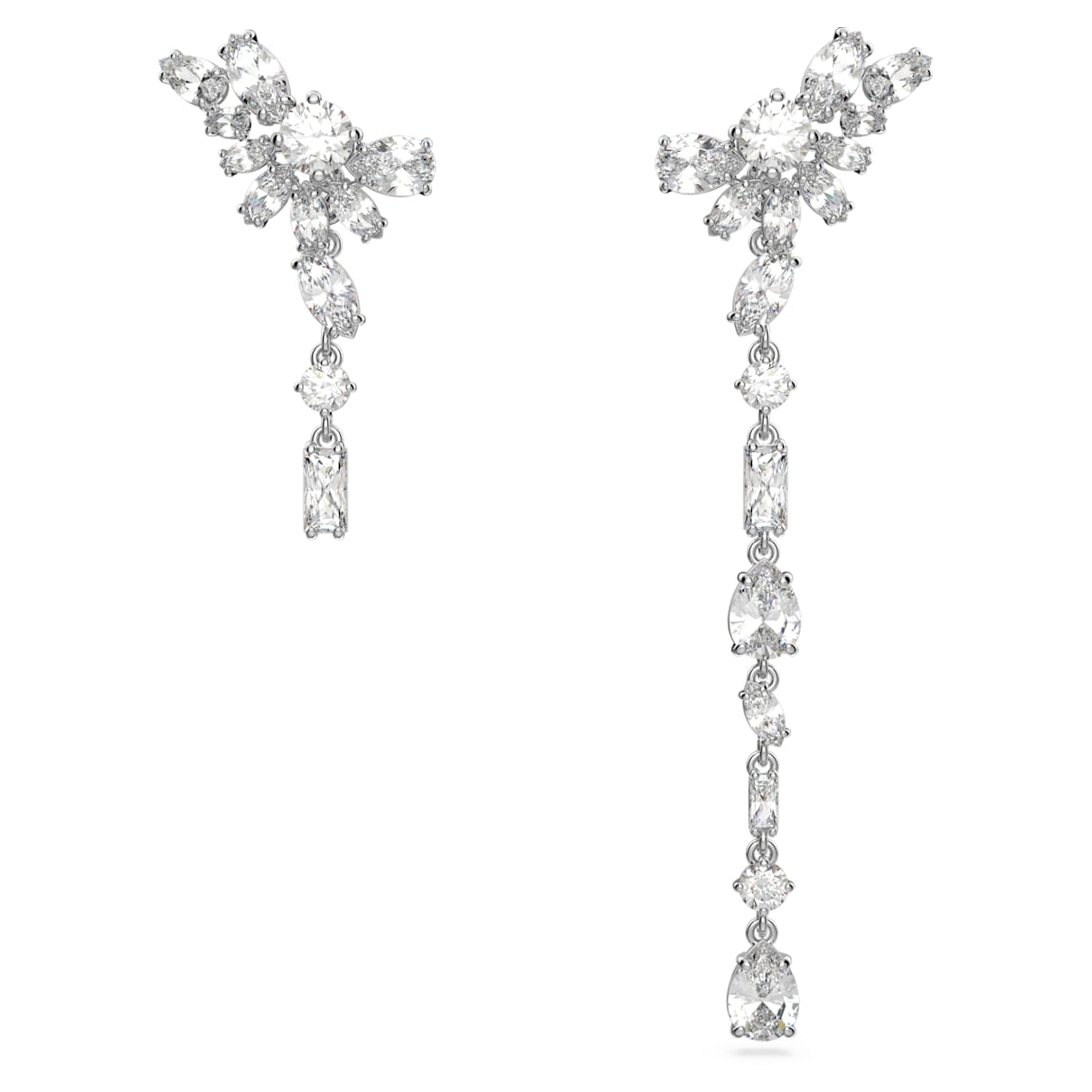 

Gema drop earrings, Asymmetrical design, Mixed cuts, Flower, Long, White, Rhodium plated