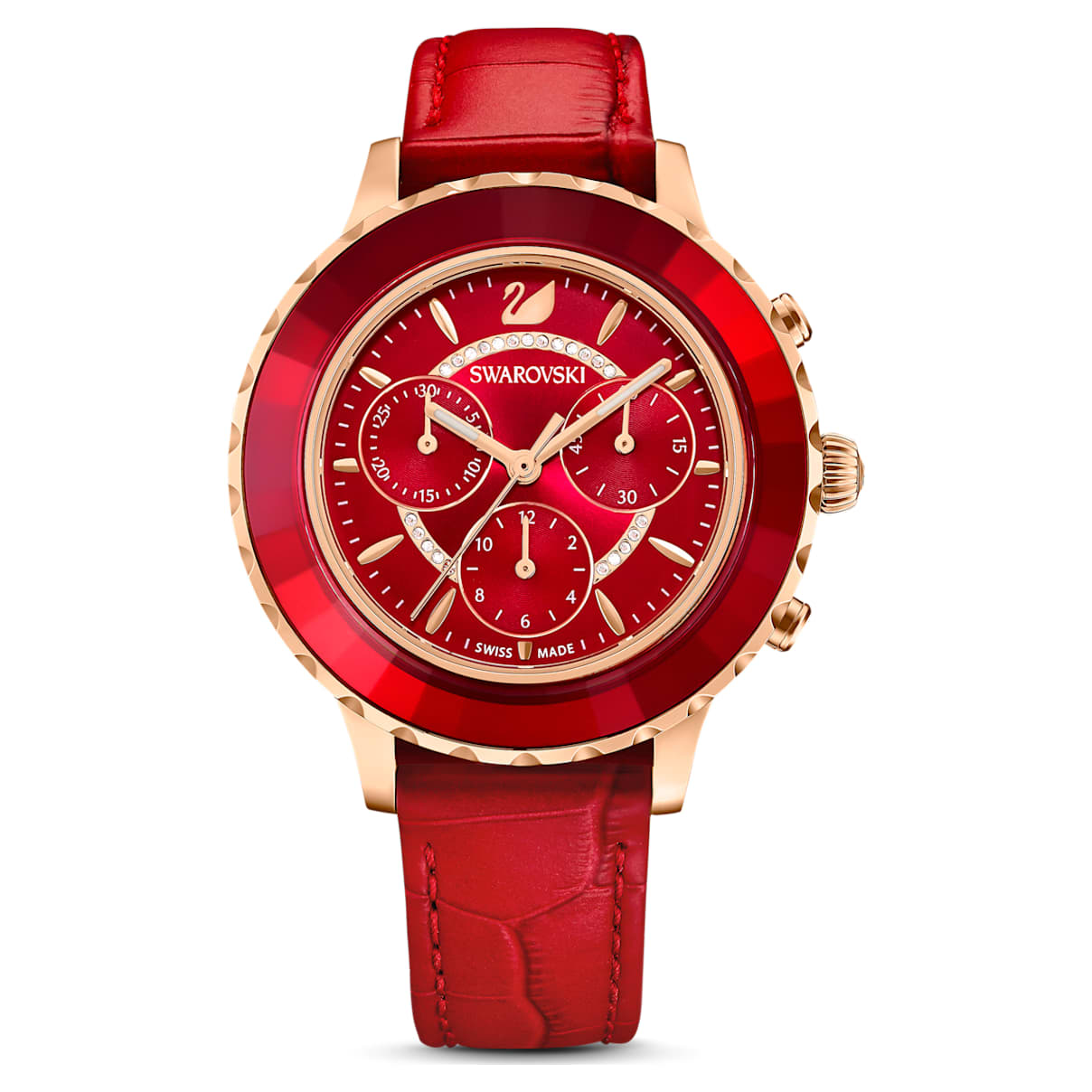 

Octea Lux Chrono watch, Swiss Made, Leather strap, Red, Rose gold-tone finish