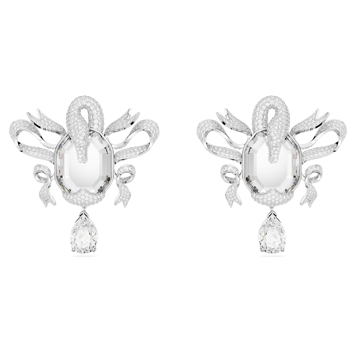 Fashion Swan clip earrings, Swan, White, Rhodium plated