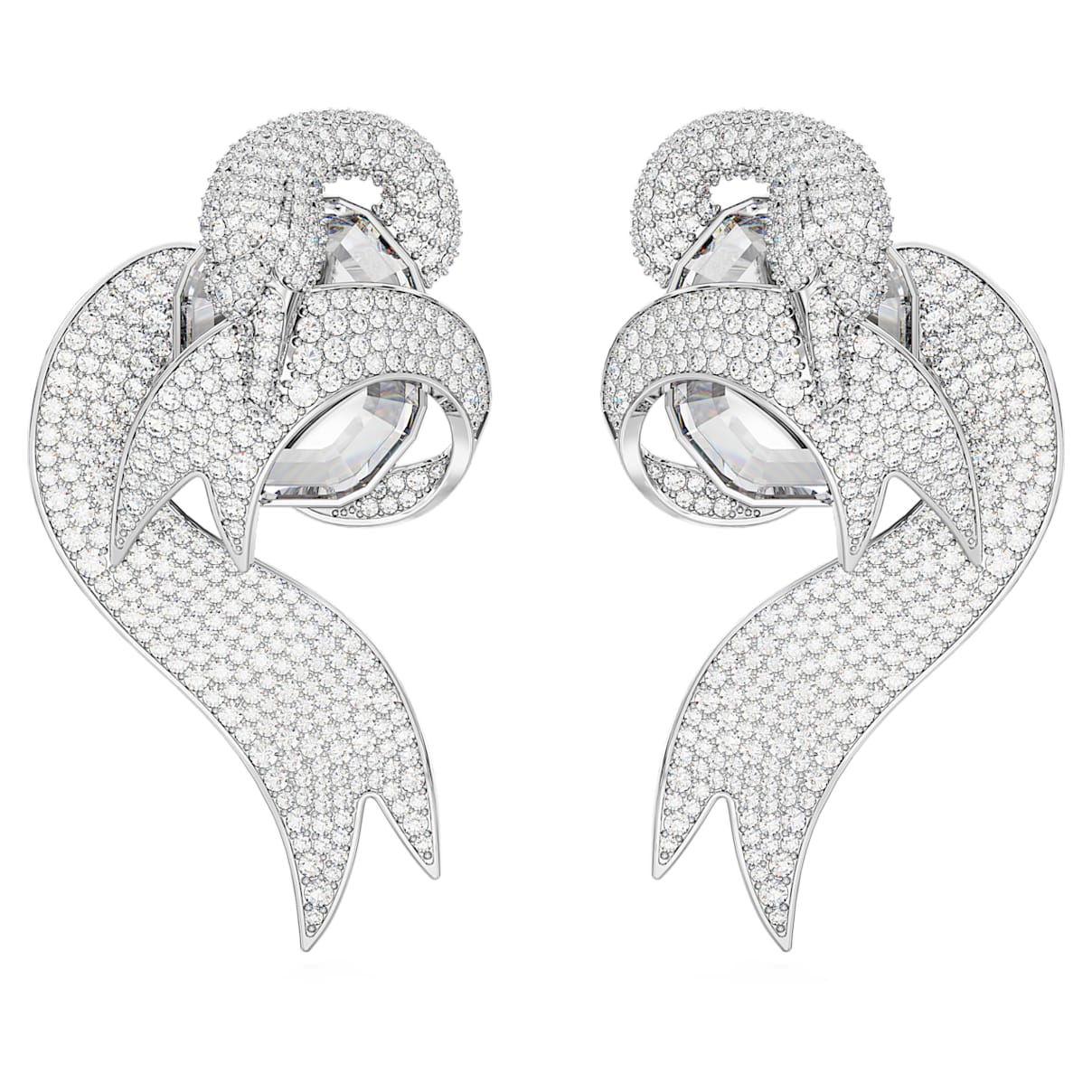 

Fashion Swan 클립 이어링, 비대칭 디자인, 스완, 화이트, 로듐 플래팅