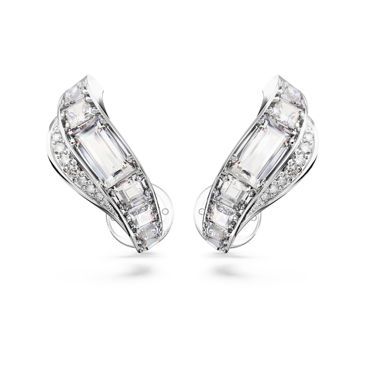 Hyperbola clip earrings, Mixed cuts, White, Rhodium plated