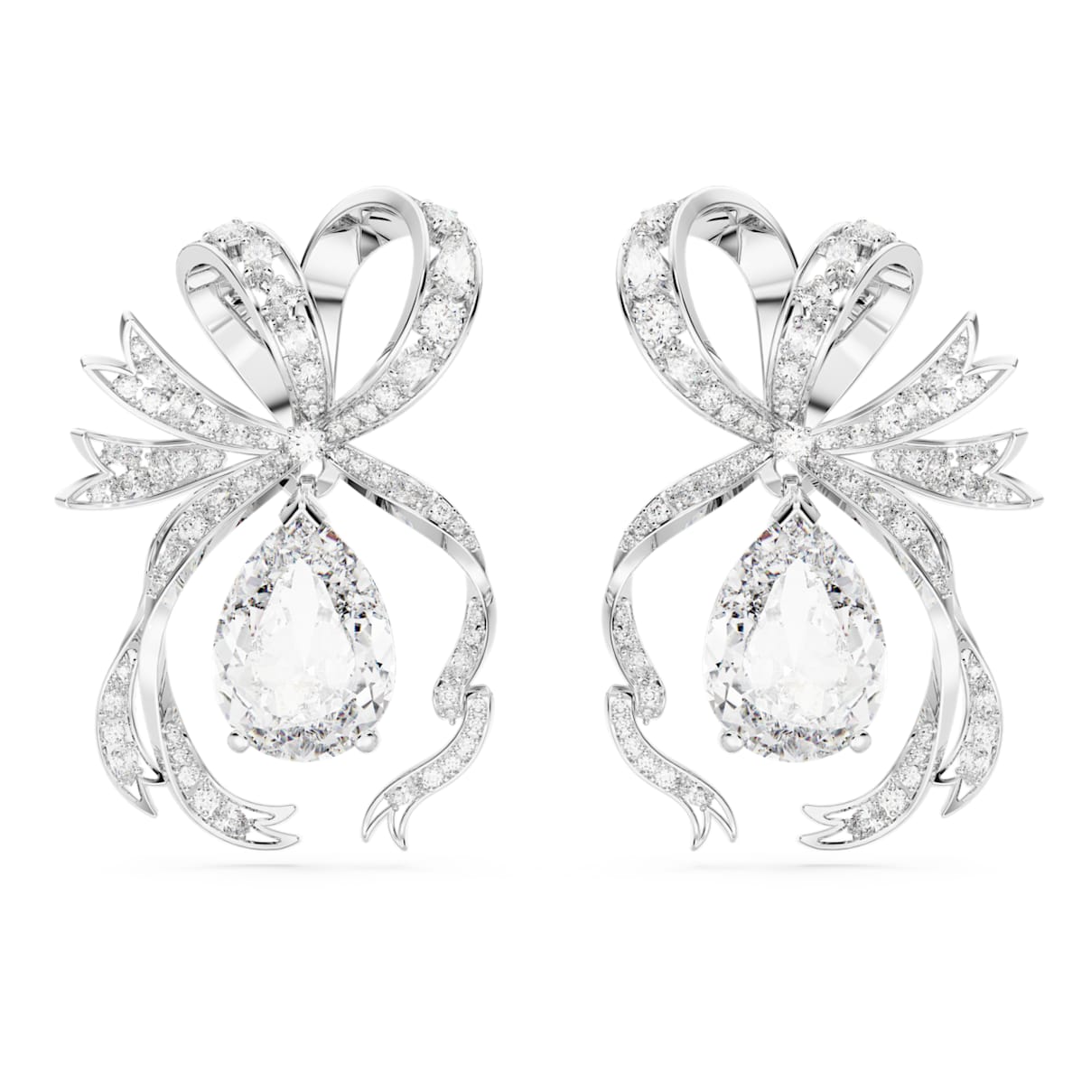 

Hyperbola drop earrings, Pear cut, Bow, White, Rhodium plated