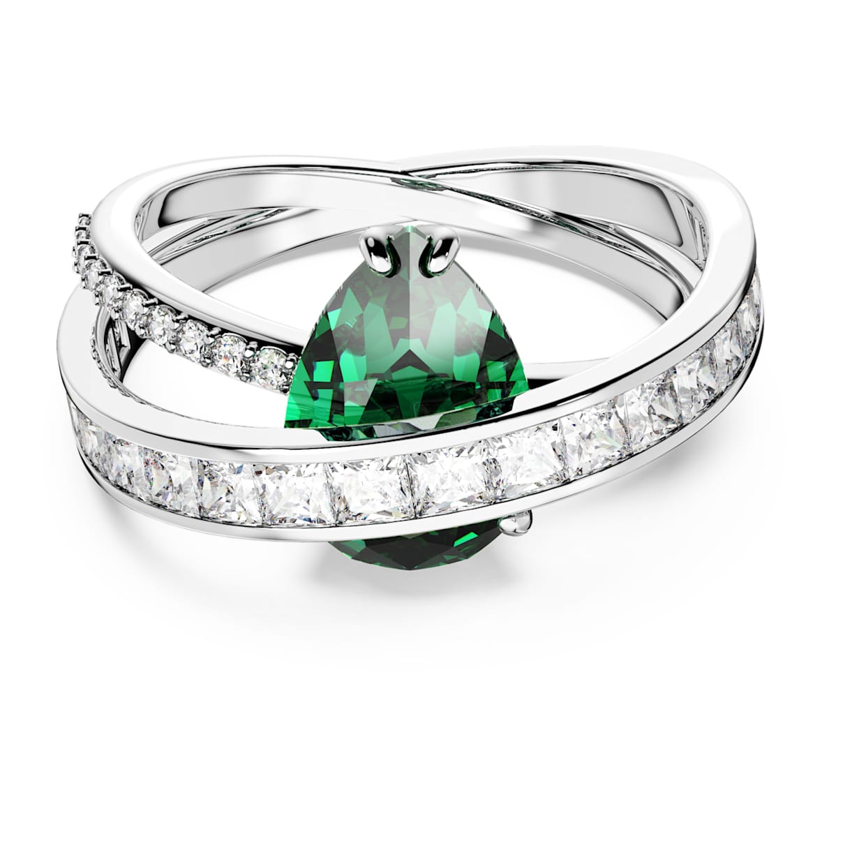 

Hyperbola cocktail ring, Mixed cuts, Double bands, Green, Rhodium plated