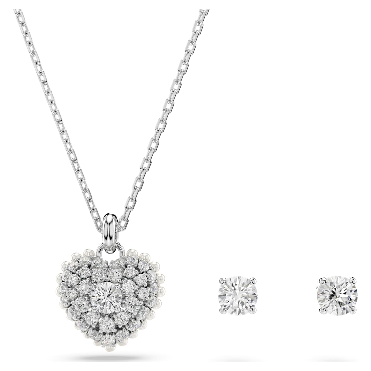 Idyllia set, Crystal pearl, Heart, White, Rhodium plated