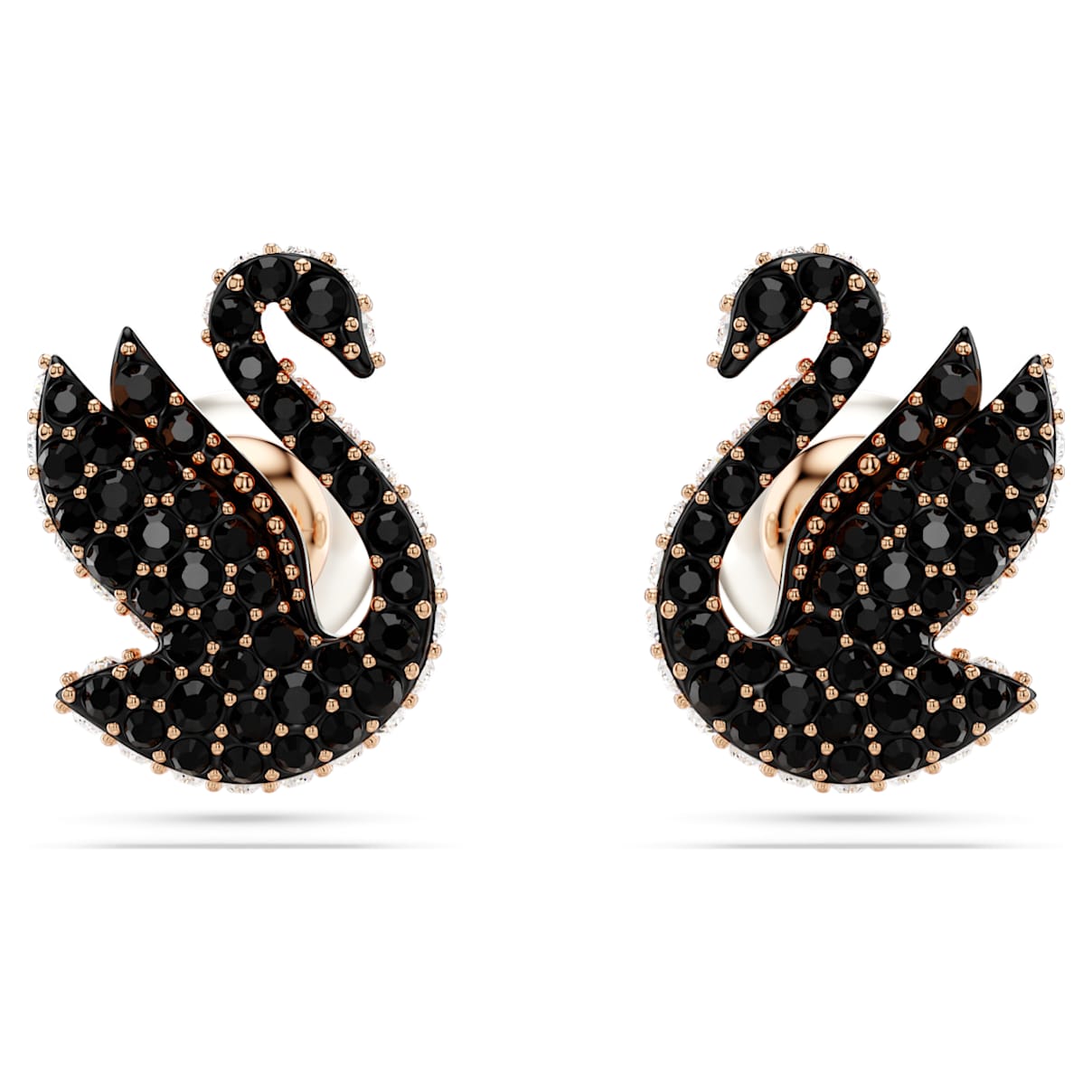 Swan stud earrings, Crystal pearl, Swan, Black, 18K rose gold finish