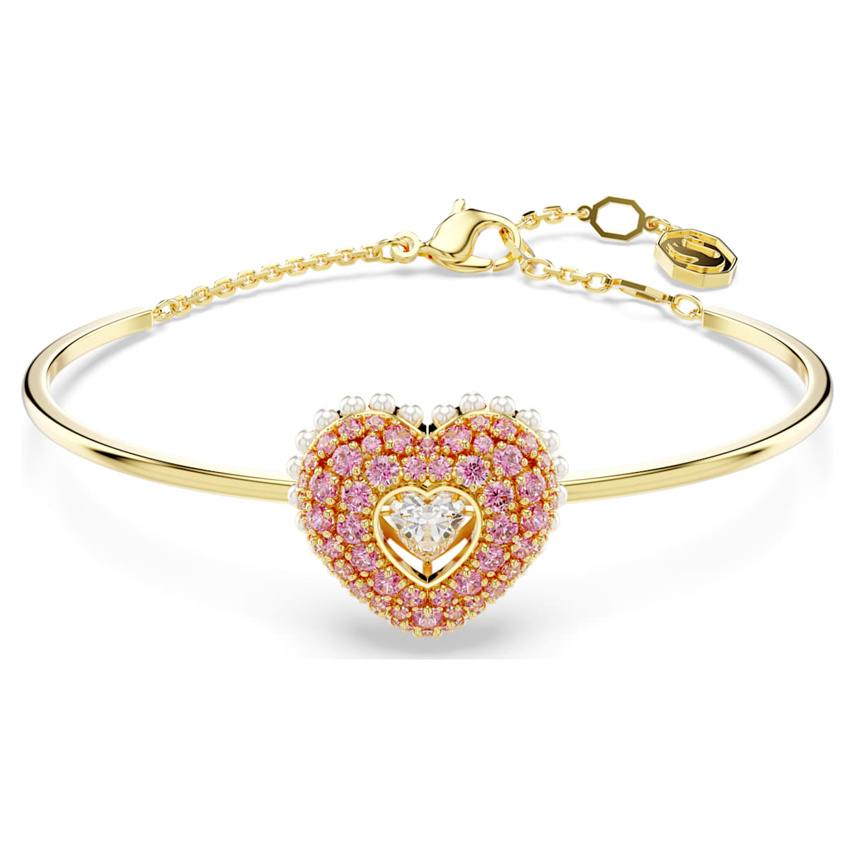 Idyllia bangle, Crystal pearl, Heart, Pink, Gold-tone plated