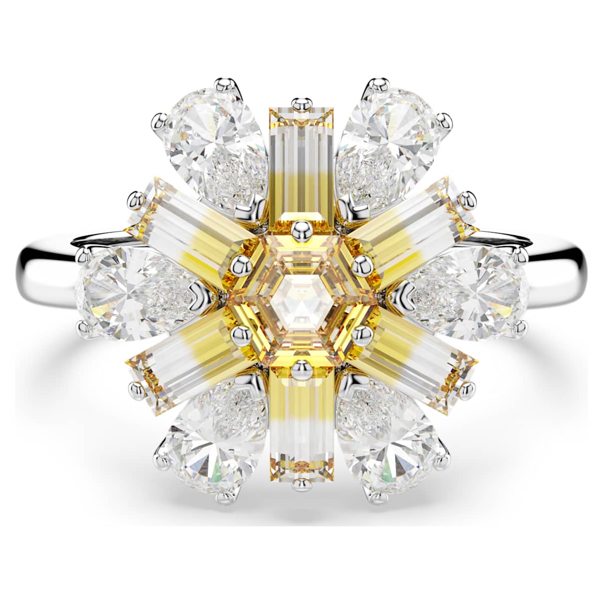 

Idyllia cocktail ring, Mixed cuts, Flower, Yellow, Rhodium plated