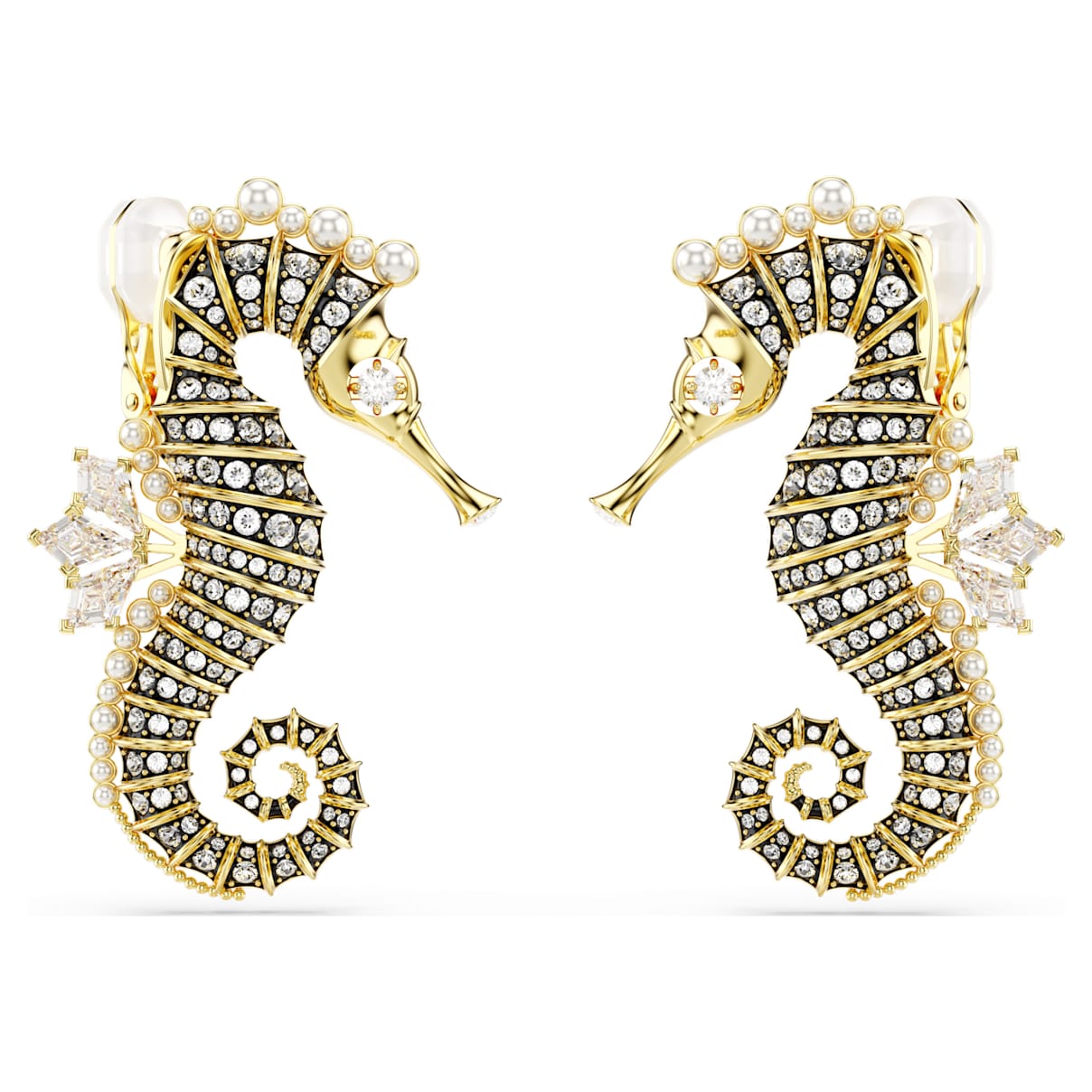 

Idyllia clip earrings, Crystal pearl, Seahorse, White, Gold-tone plated