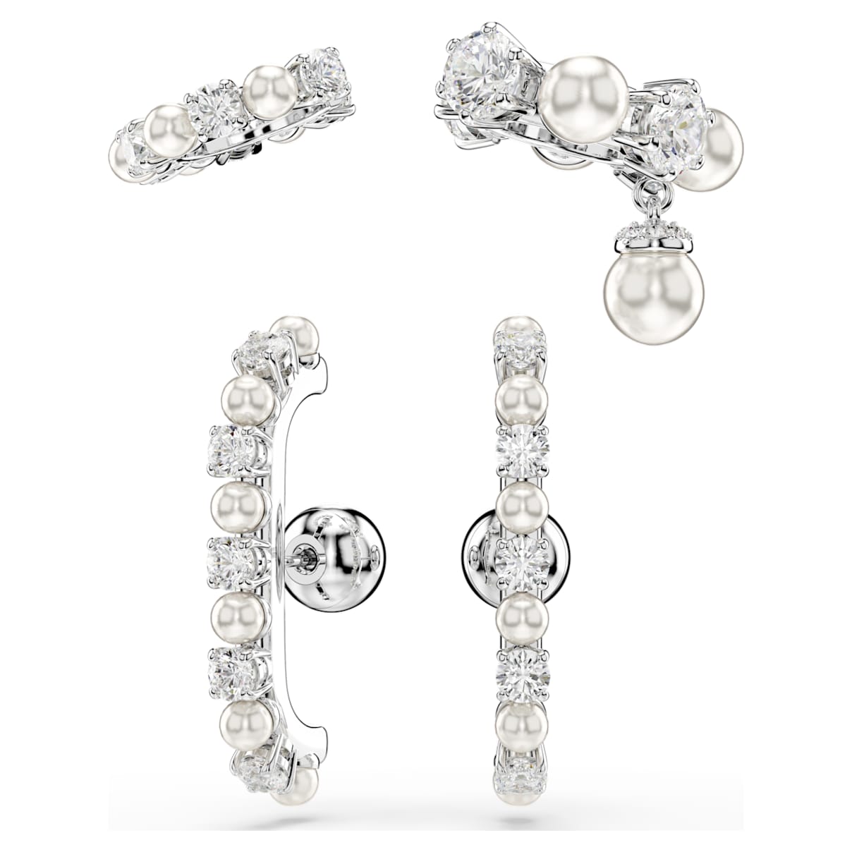 

Matrix ear cuff, Set (3), Crystal pearl, Round cut, White, Rhodium plated
