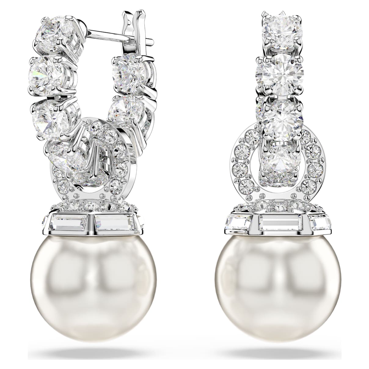 

Matrix drop earrings, Crystal pearl, Round cut, White, Rhodium plated