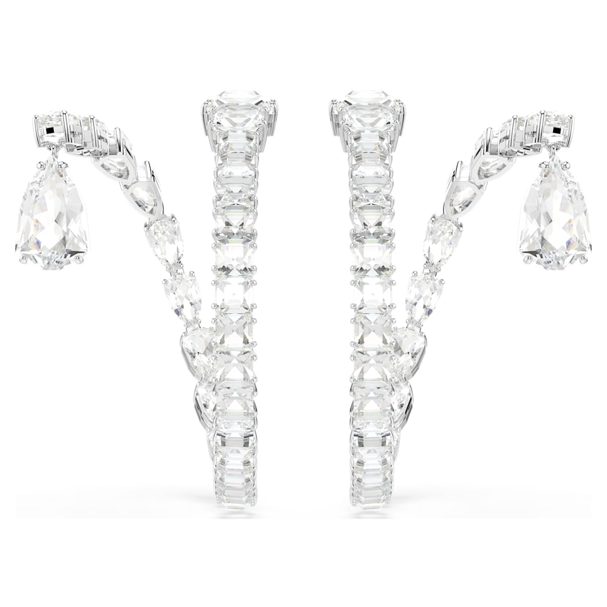 

Matrix hoop earrings, Mixed cuts, White, Rhodium plated