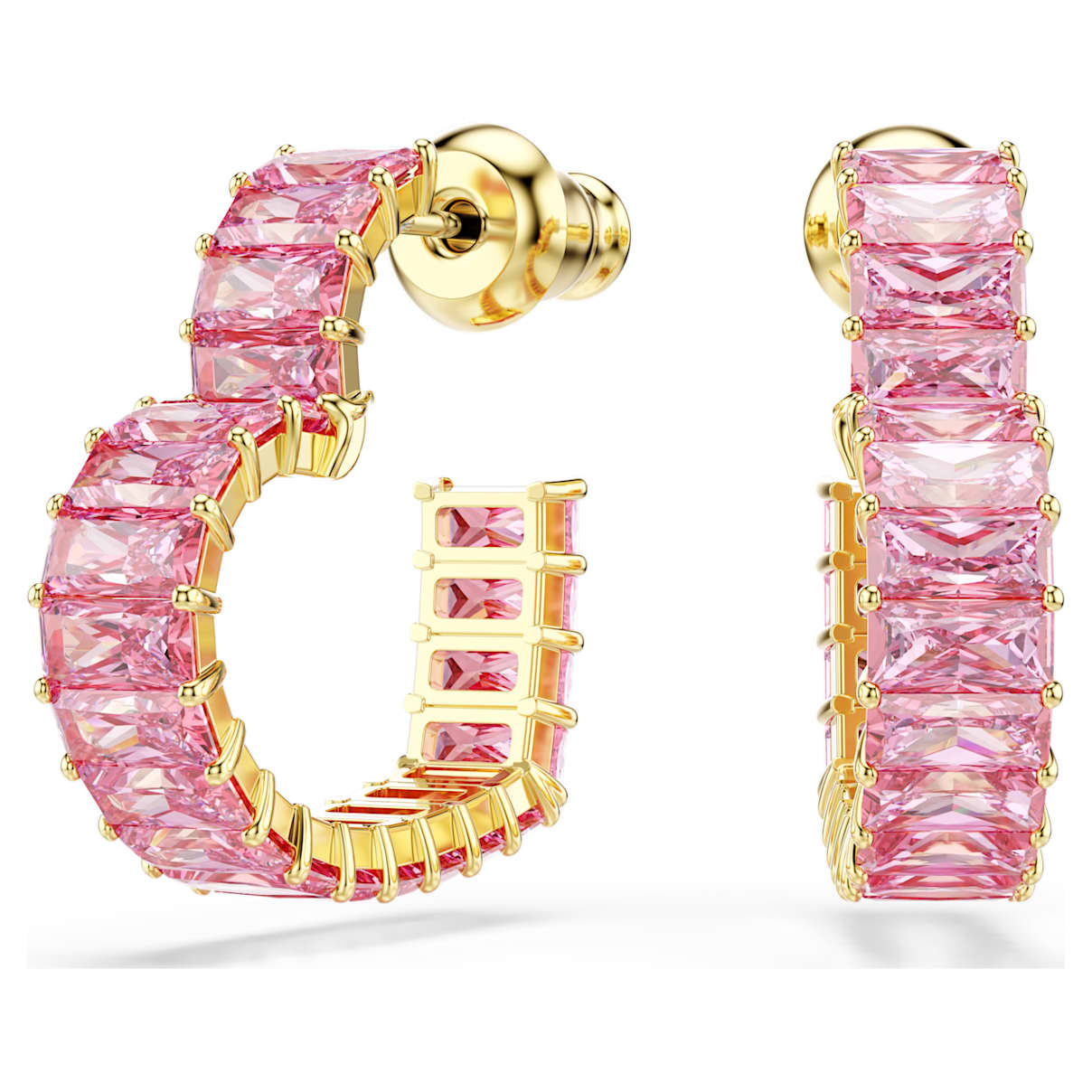 Swarovski Matrix Hoop Earrings  Baguette Cut  Heart  Small  Pink  18K Gold Finish