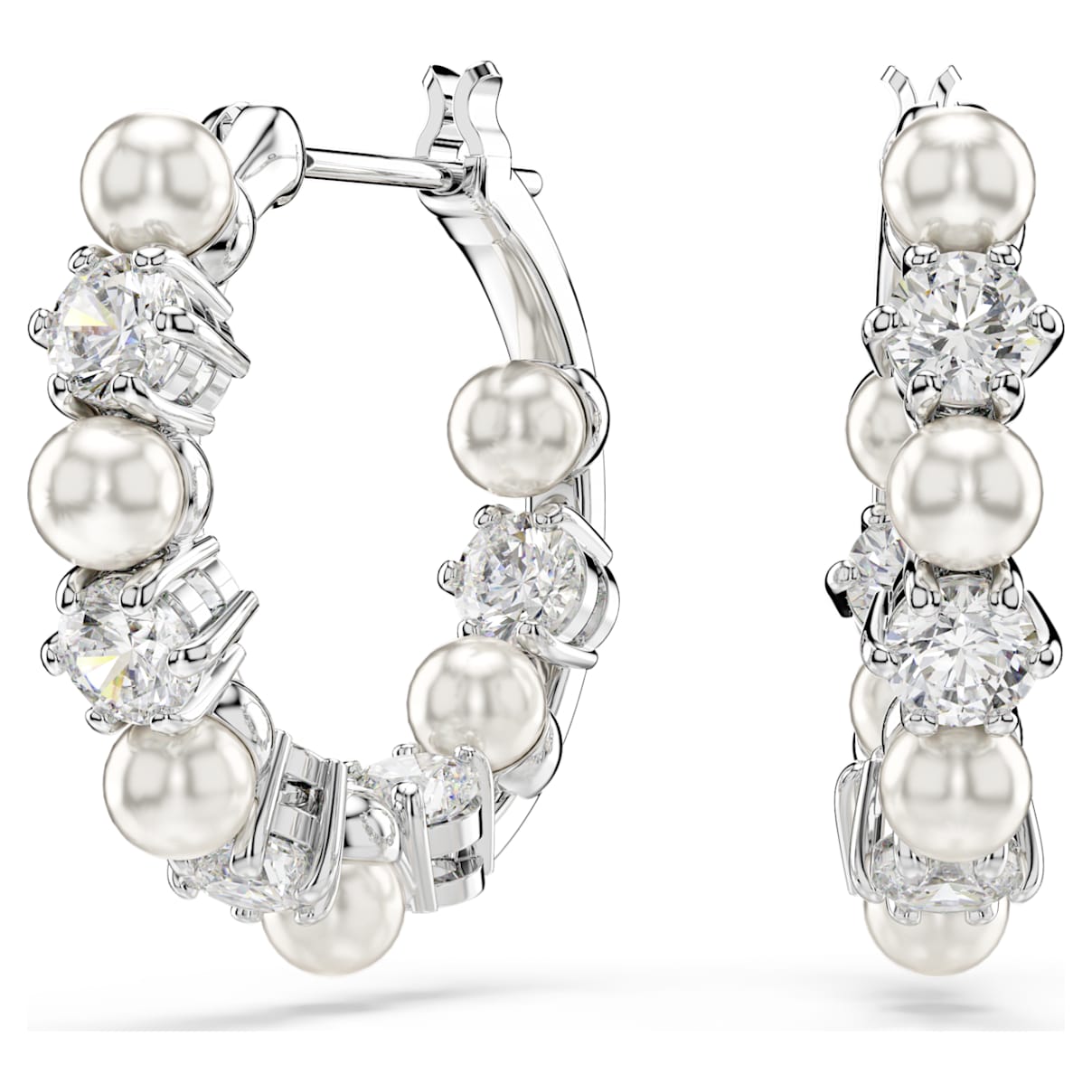

Matrix hoop earrings, Crystal pearl, Round cut, White, Rhodium plated