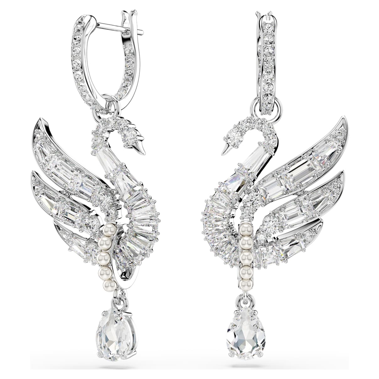 Swan oorbellen, Zwaan, Wit, Rodium toplaag