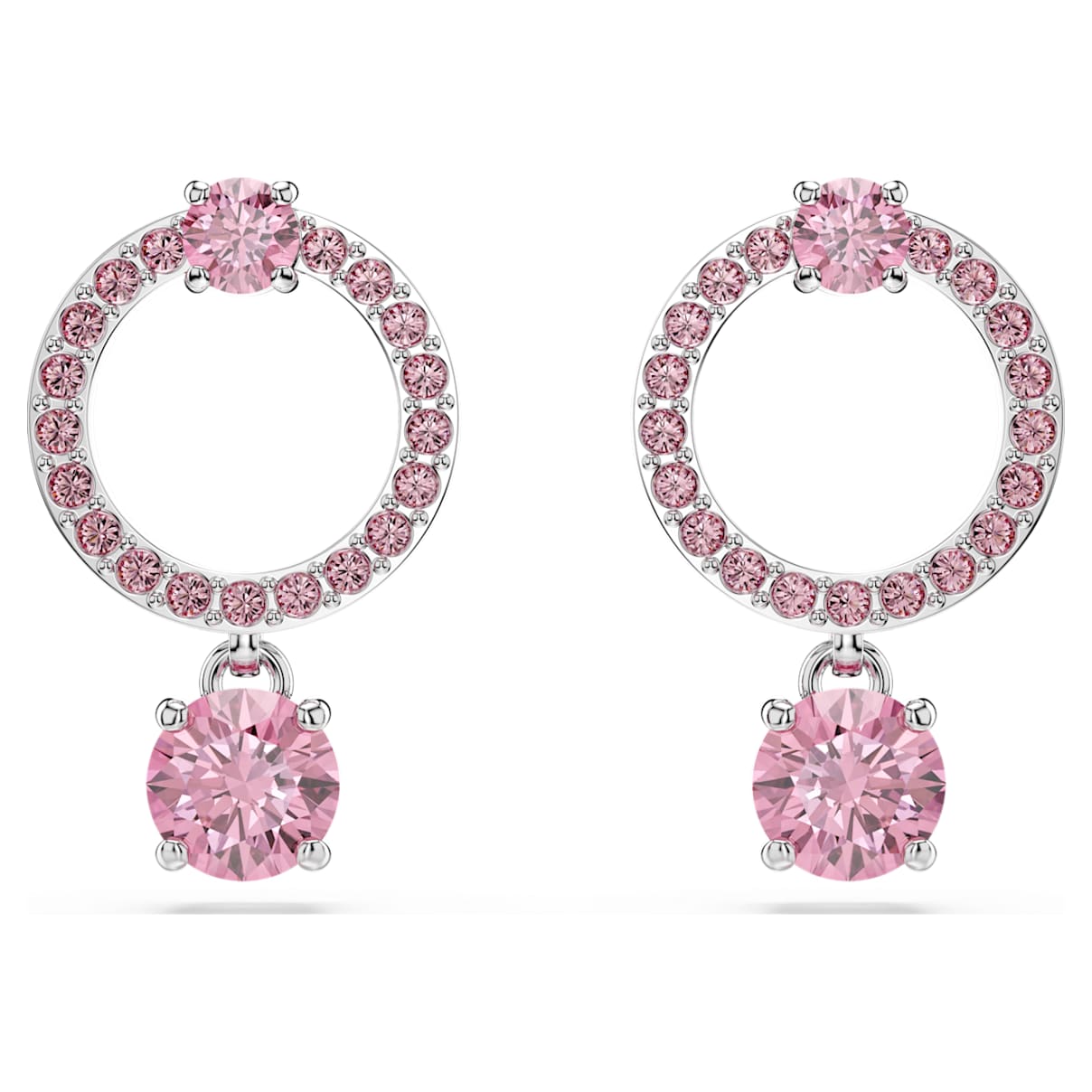 Attract drop earrings, Round cut, Pink, Rhodium plated