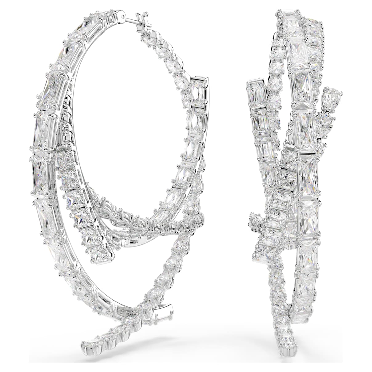 

Matrix hoop earrings, Mixed cuts, White, Rhodium plated