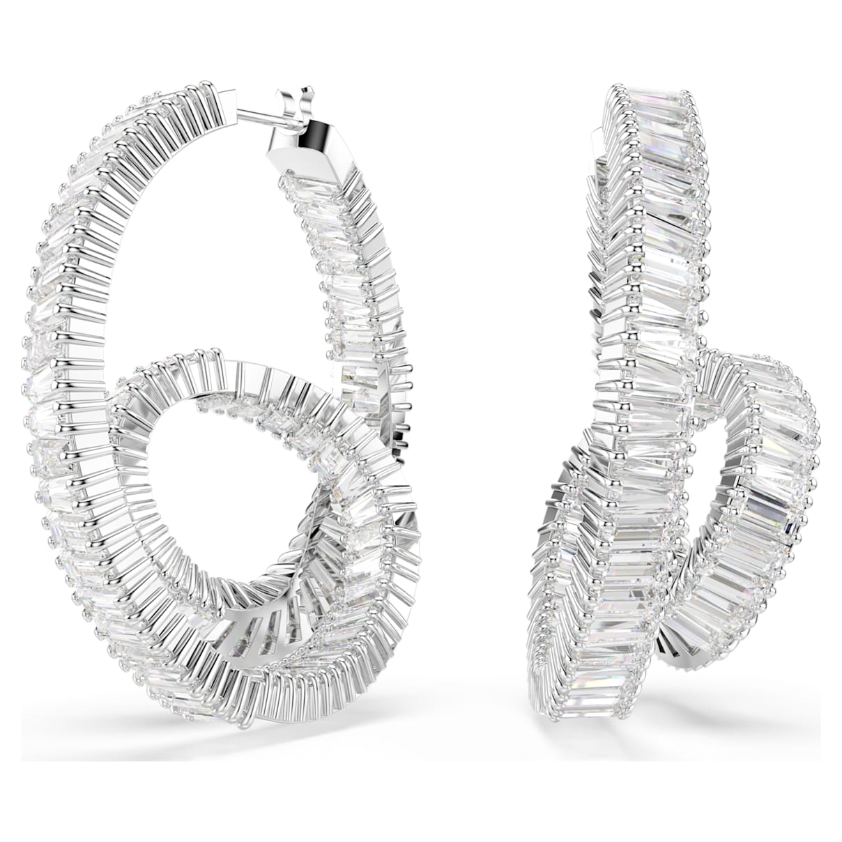 

Matrix hoop earrings, Baguette cut, Ribbon, White, Rhodium plated