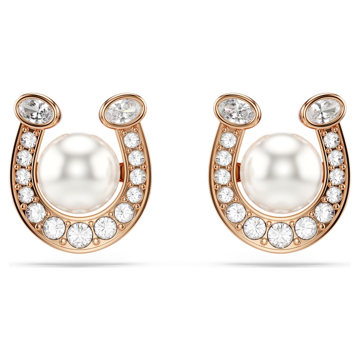 Symbolica stud earrings, Crystal pearl, Pavé, Horse shoe, White, Rose gold-tone plated