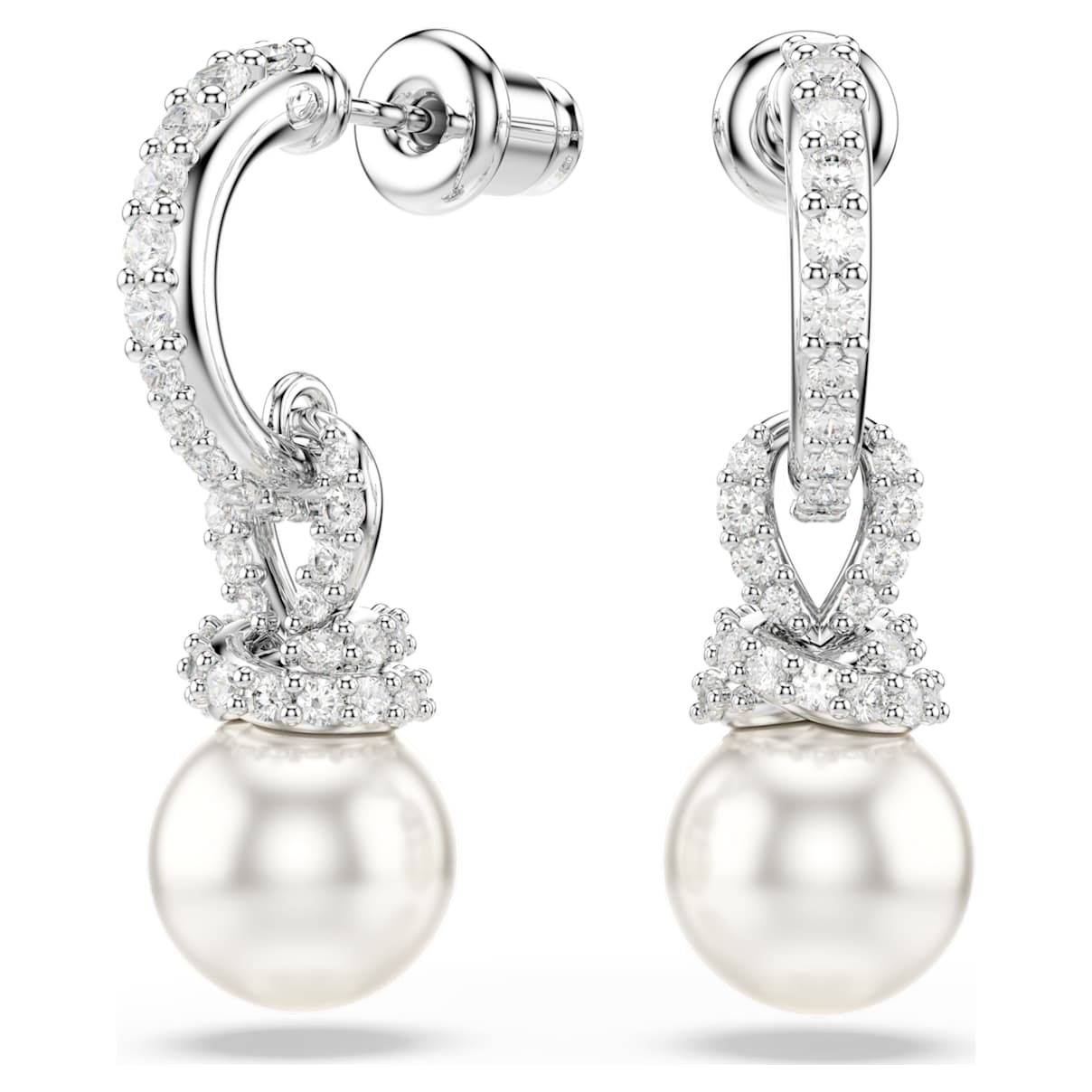 Originally drop earrings, Crystal pearl, Pavé, White, Rhodium plated
