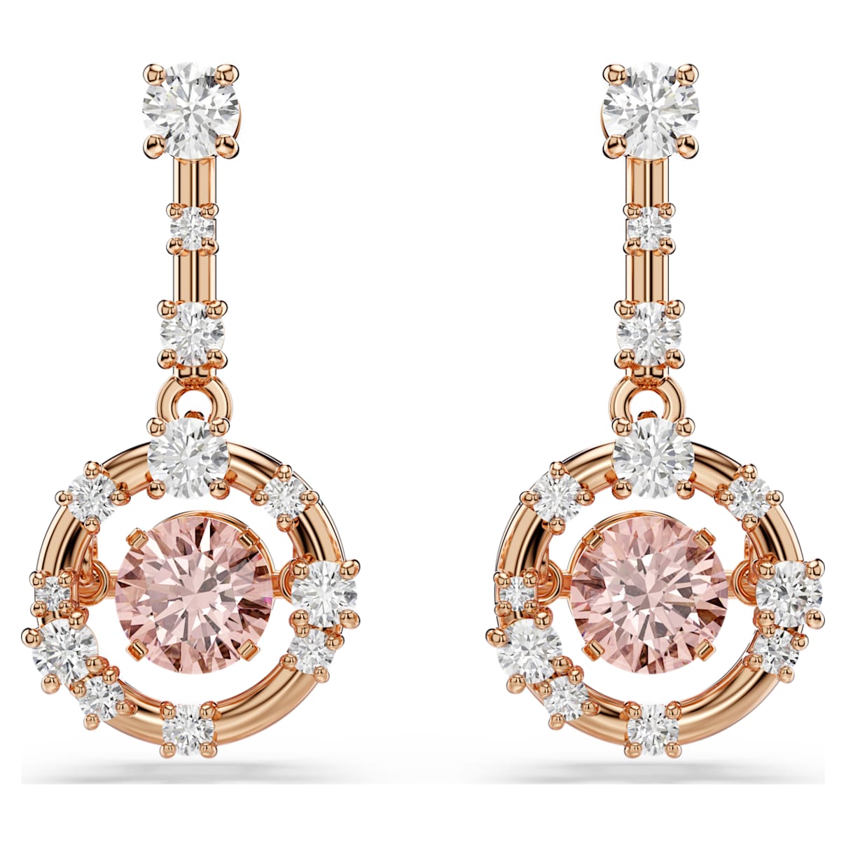 Swarovski Constella Drop Earrings  Round Cut  Dancing Stone  Pink  18K Rose Gold Finish