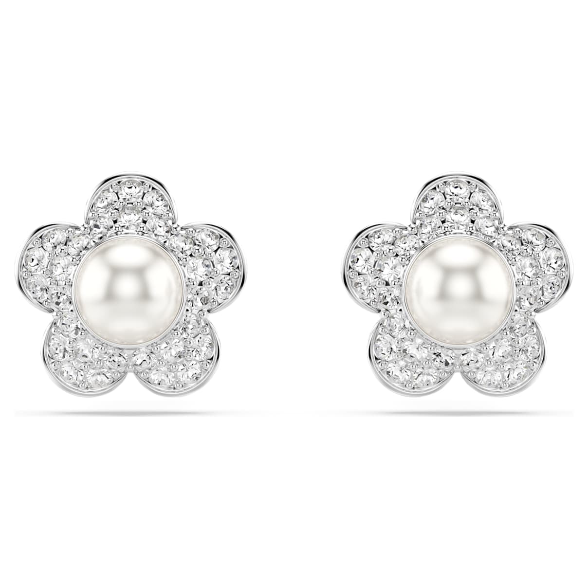 Orecchini a lobo Ariana Grande x , Crystal Pearl, Taglio Round, Fiore, Bianchi, Placcato rodio OS