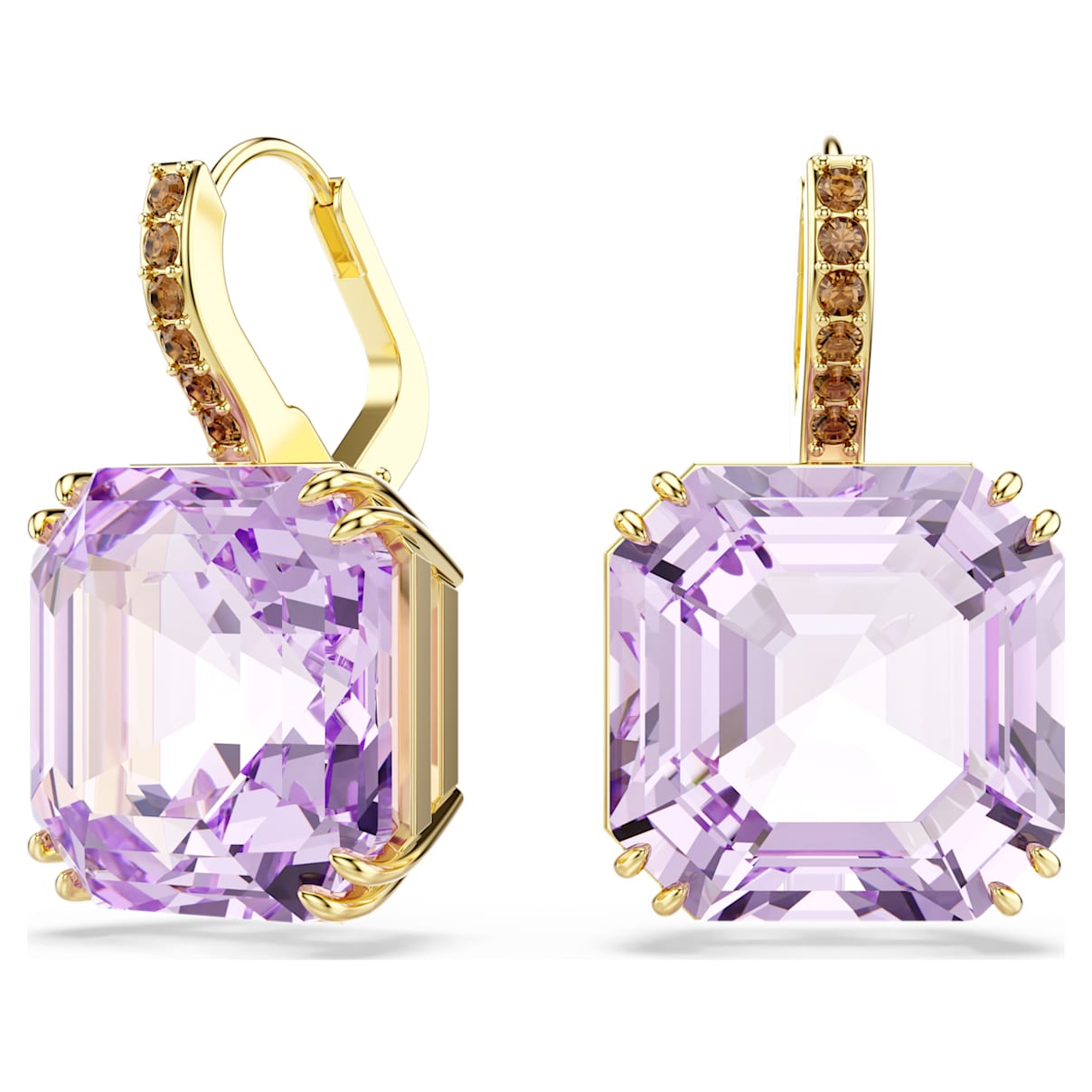 Swarovski Millenia Drop Earrings  Square Cut  Purple  18K Gold Finish
