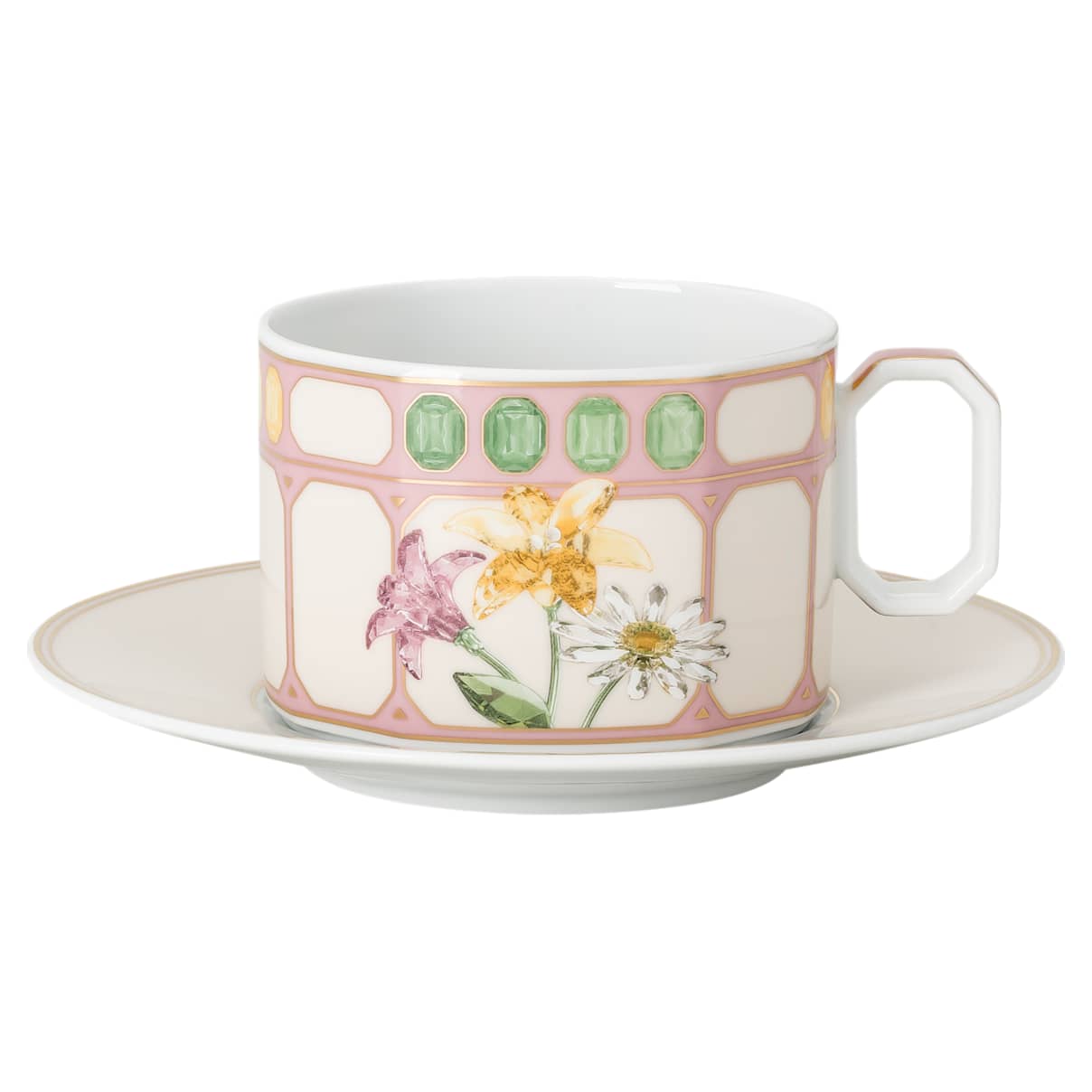 Taza de té con platillo Idyllia, Porcelana, Motivo de impresión de cristal, buqué, Multicolor