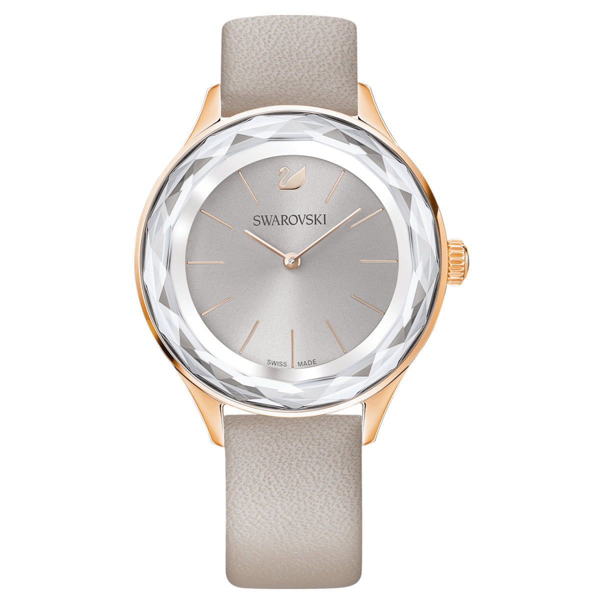 

Swarovski Octea Nova 腕表, 真皮表带, 灰色, 玫瑰金色调润饰