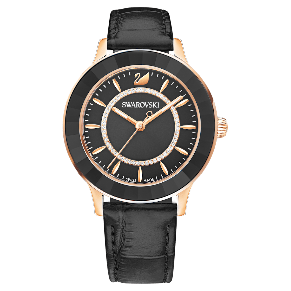 

Swarovski Octea Lux watch, Swiss Made, Leather strap, Black, Rose gold-tone finish