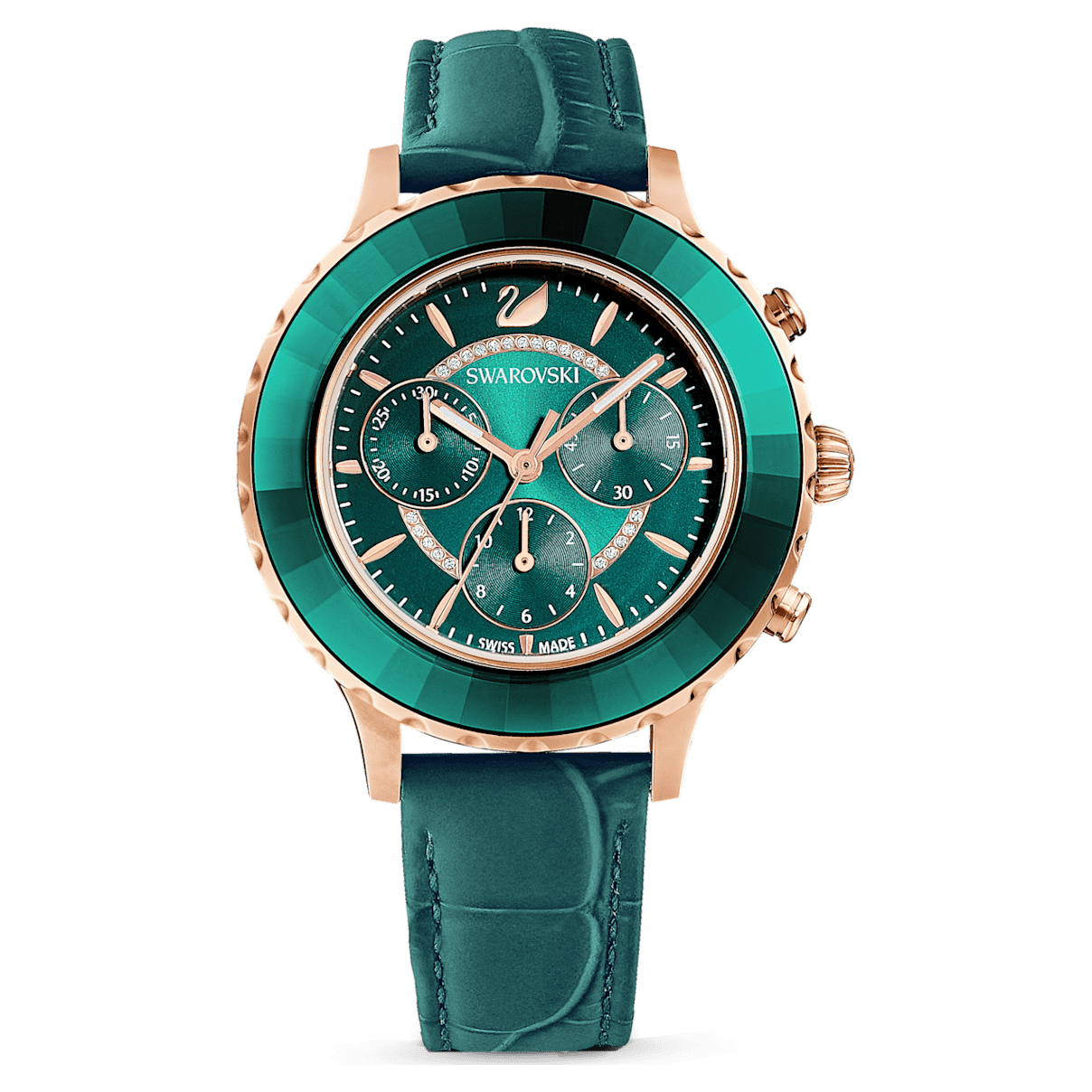 

Swarovski Octea Lux Chrono 腕表, 瑞士制造, 真皮表带, 绿色, 玫瑰金色调润饰