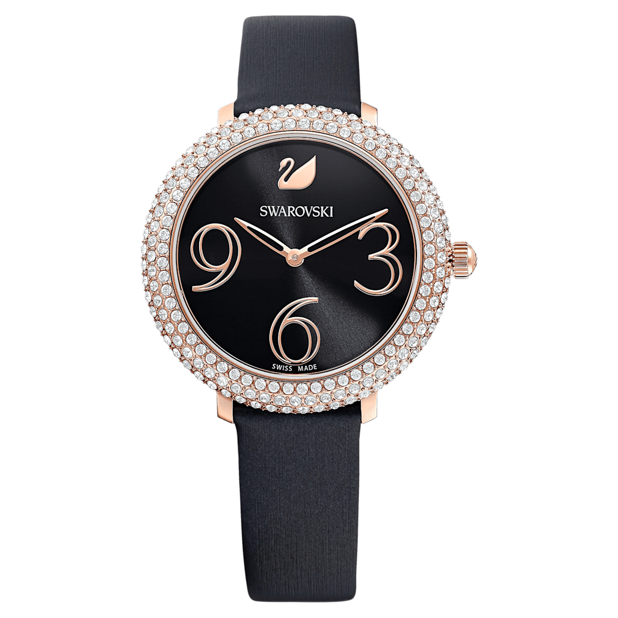

Swarovski Zegarek Crystal Frost, pasek ze skóry, czarny, powłoka PVD w odcieniu różowego złota