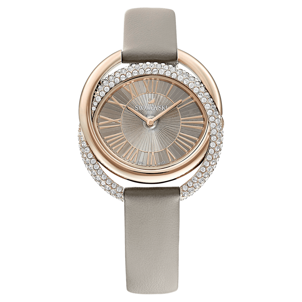 

Swarovski Duo watch, Leather strap, Gray, Champagne gold-tone finish