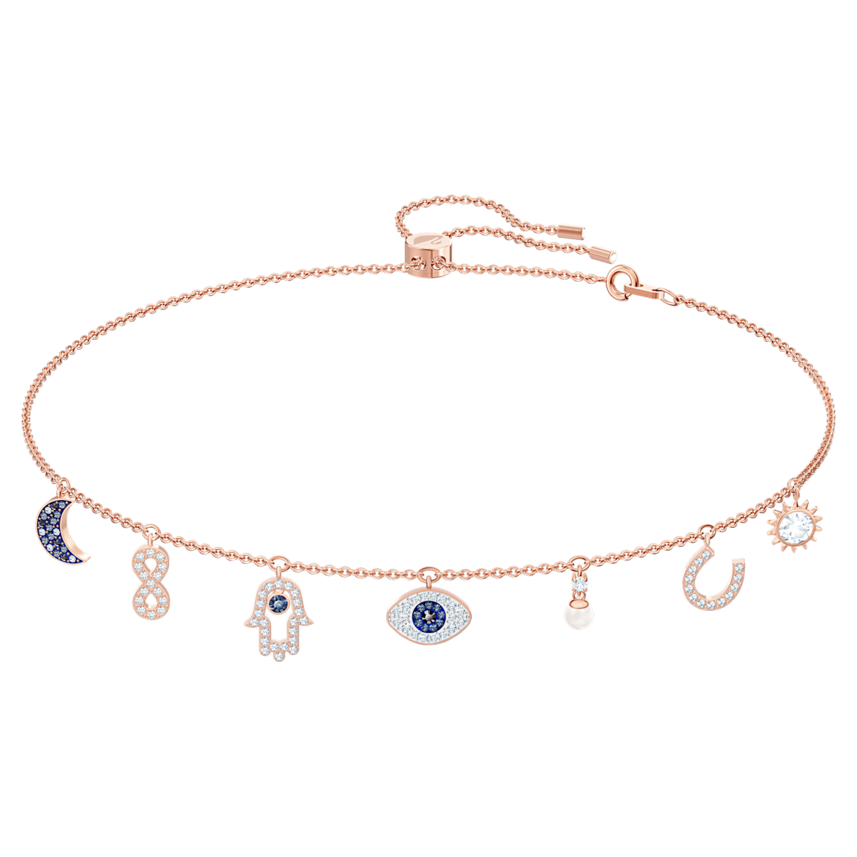 

Swarovski Symbolic 项链, 月亮、无限、手、恶魔之眼和马蹄铁, 蓝色, 镀玫瑰金色调