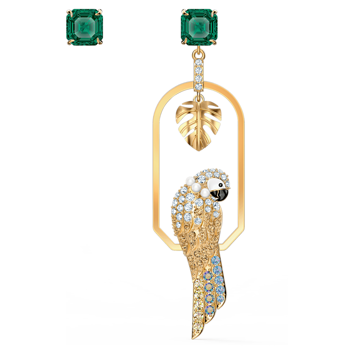

Swarovski Tropical 水滴形耳环, 非对称设计, 鹦鹉, 流光溢彩, 镀金色调